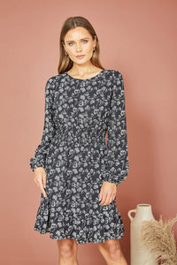 Mela Black Floral Print Long Sleeve Skater Dress with Ruched Waist