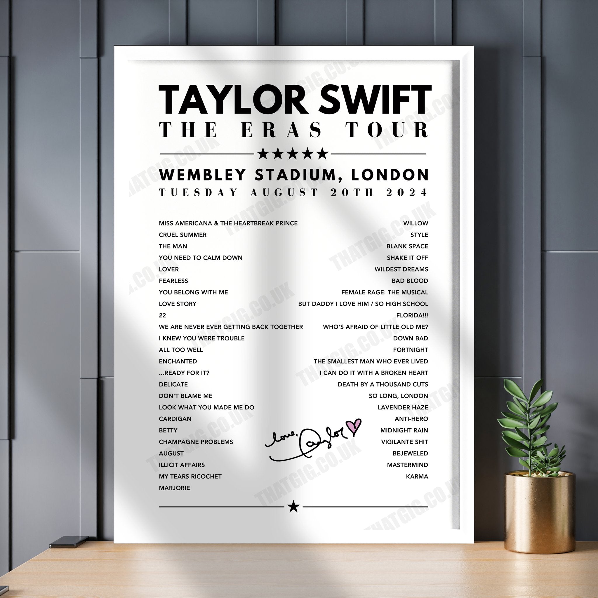 Taylor Swift Setlist Poster - Wembley, London - August 20th, 2024