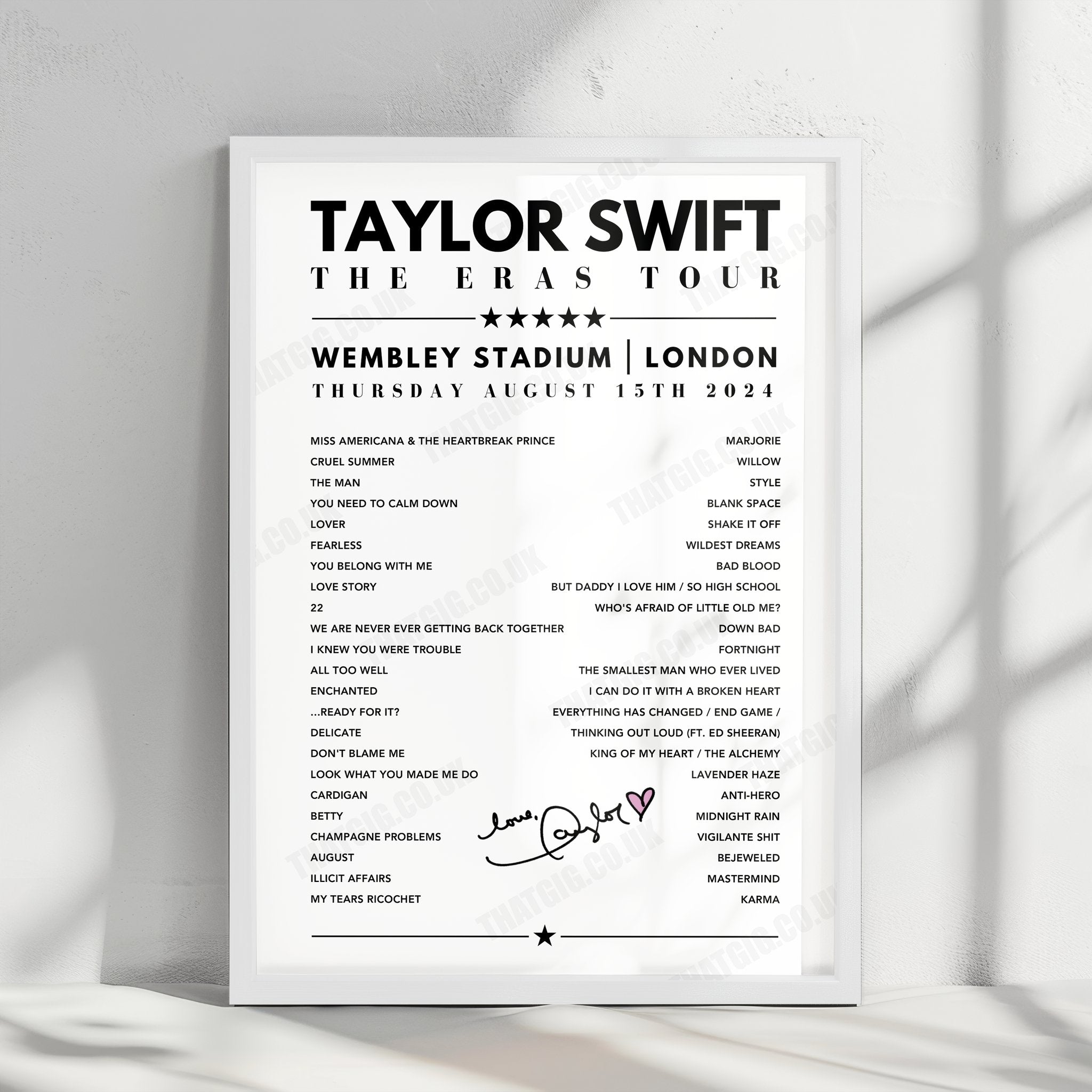 Taylor Swift Setlist Poster - Wembley, London - 15th August 2024