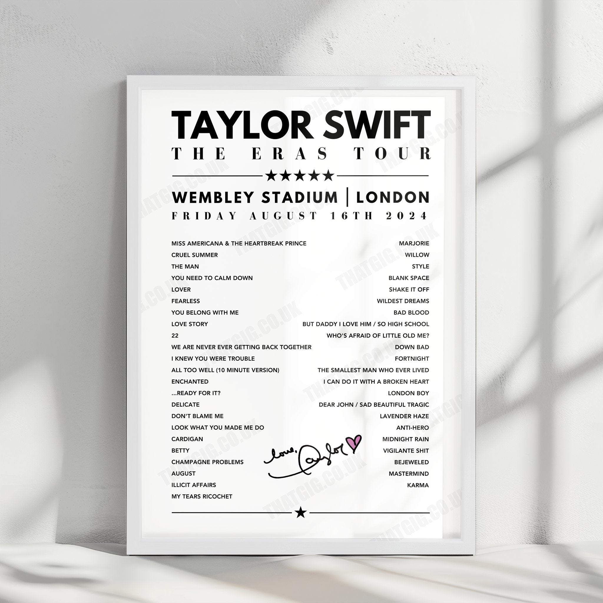 Taylor Swift Setlist Poster - Wembley, London - August 16th 2024
