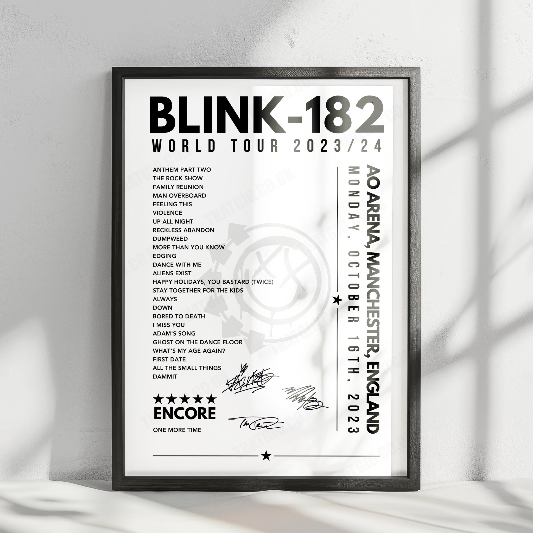Blink-182 Setlist Poster - AO Arena, Manchester, England - Oct 16th 2023