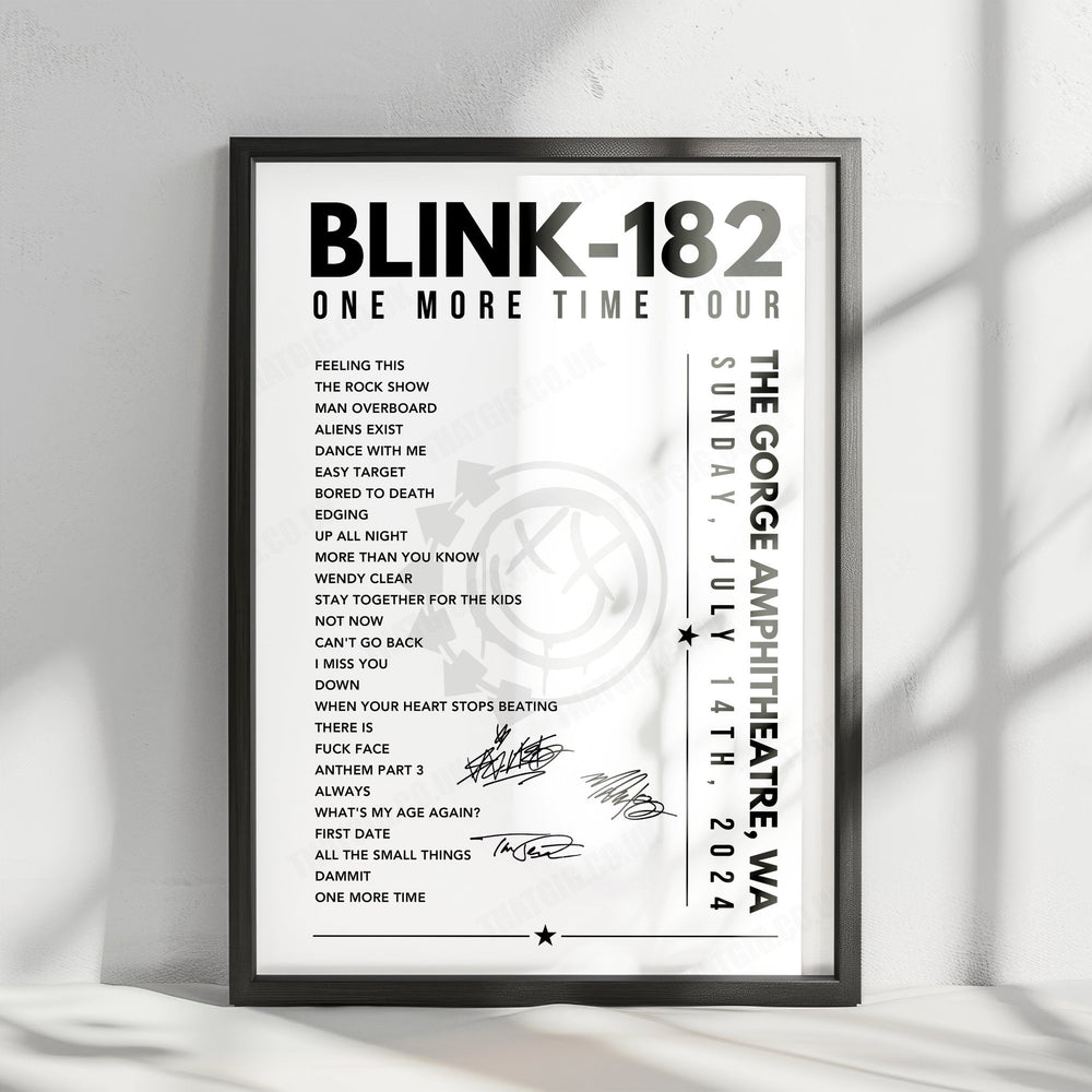 Blink-182 Setlist Poster - The Gorge Amphitheatre, George, USA - July 14th, 2024