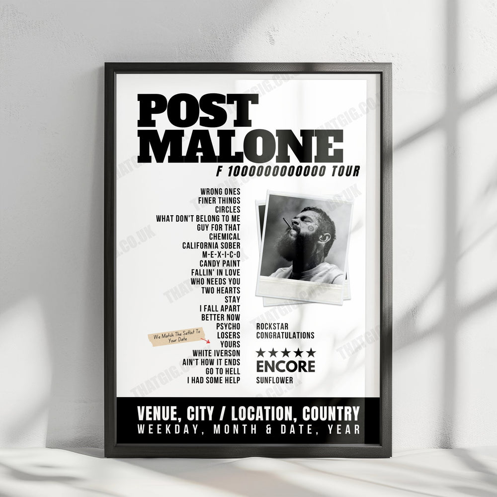 Post Malone Setlist Poster- SoFi Stadium, Inglewood - March 16th, 2024