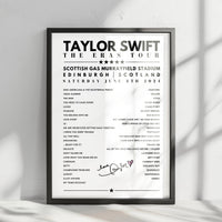 Taylor Swift Setlist Poster - Scottish Gas Murrayfield Stadium, Edinburgh - June 8th, 2024
