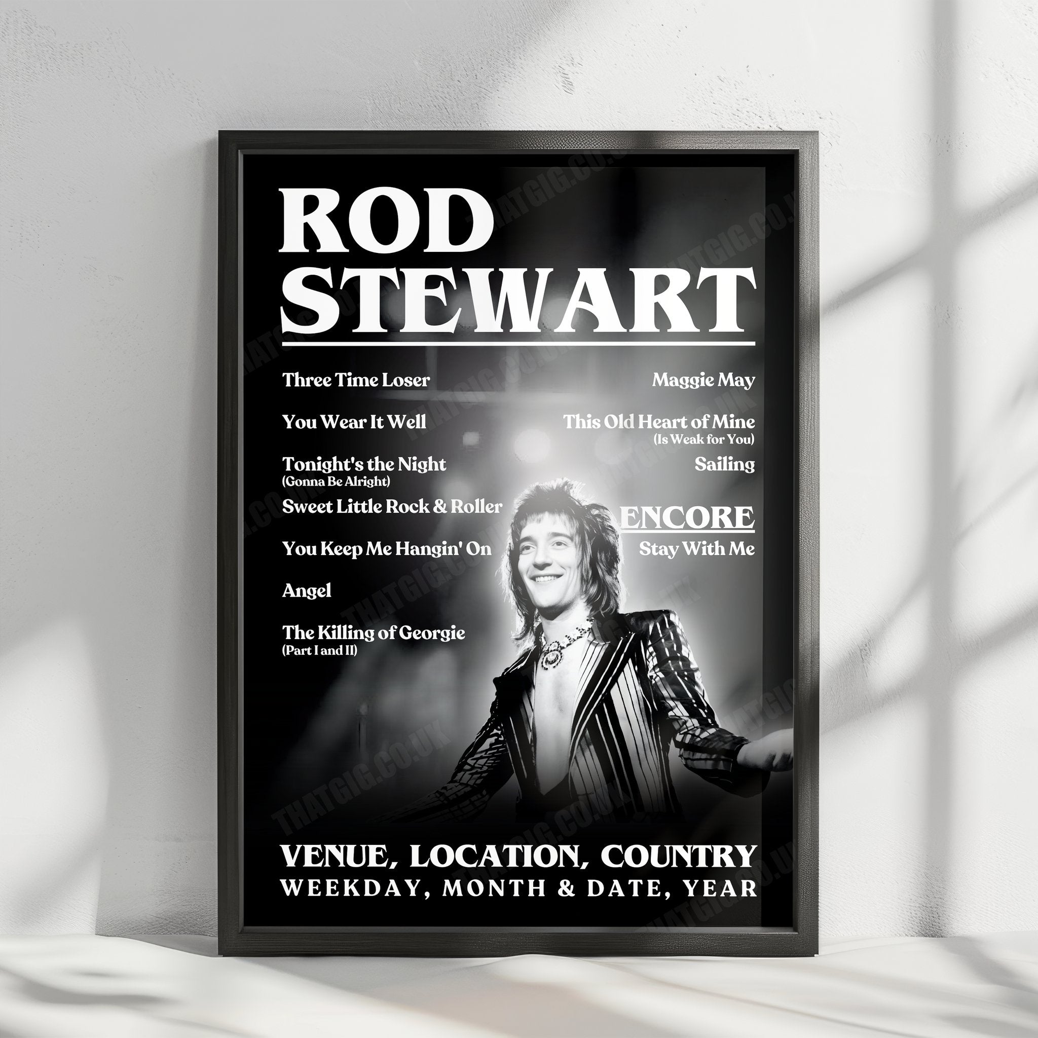 Rod Stewart Setlist Poster - Olympia Grand Hall, London, England - January 14th, 1977