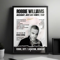 Robbie Williams Setlist Poster - Romexpo, Bucharest, Romania - August 19th, 2023