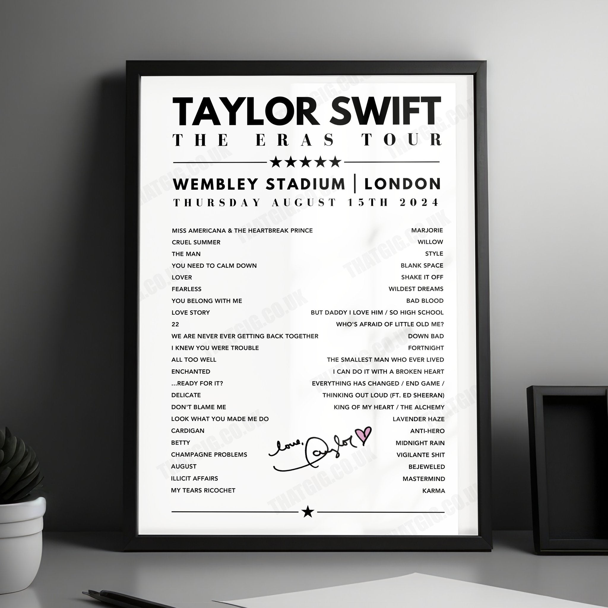 Taylor Swift Setlist Poster - Wembley, London - 15th August 2024