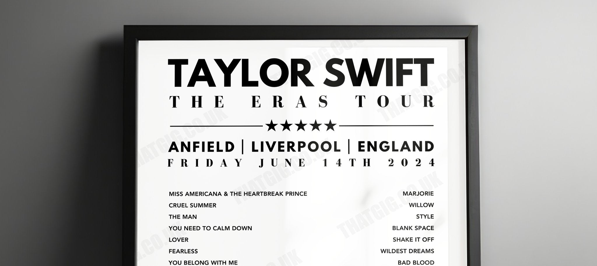 Taylor Swift Setlist Poster - Anfield, Liverpool, 14th June 2024