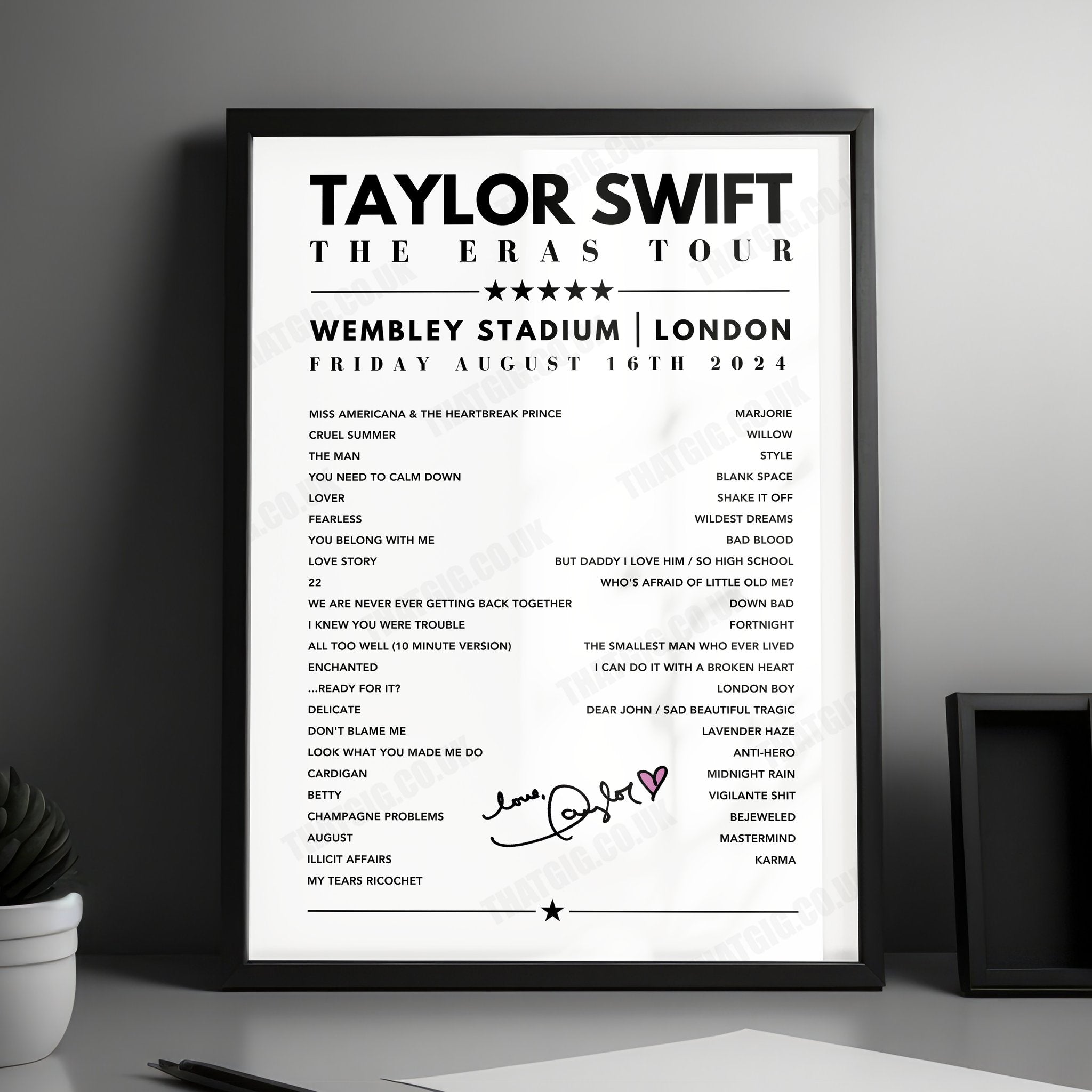 Taylor Swift Setlist Poster - Wembley, London - August 16th 2024