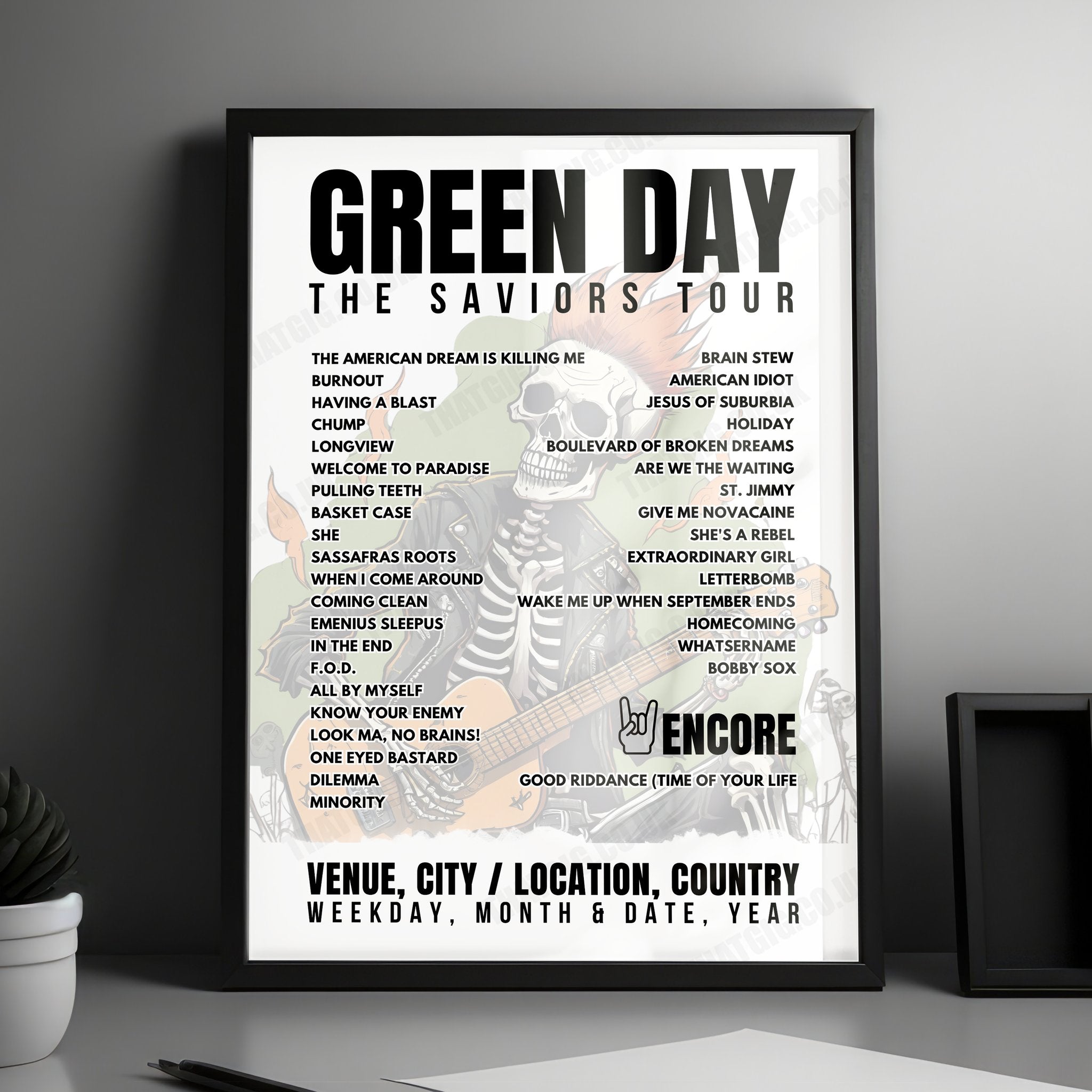 Green Day Setlist Poster - Parc Jean-Drapeau, Montreal - August 3rd, 2024