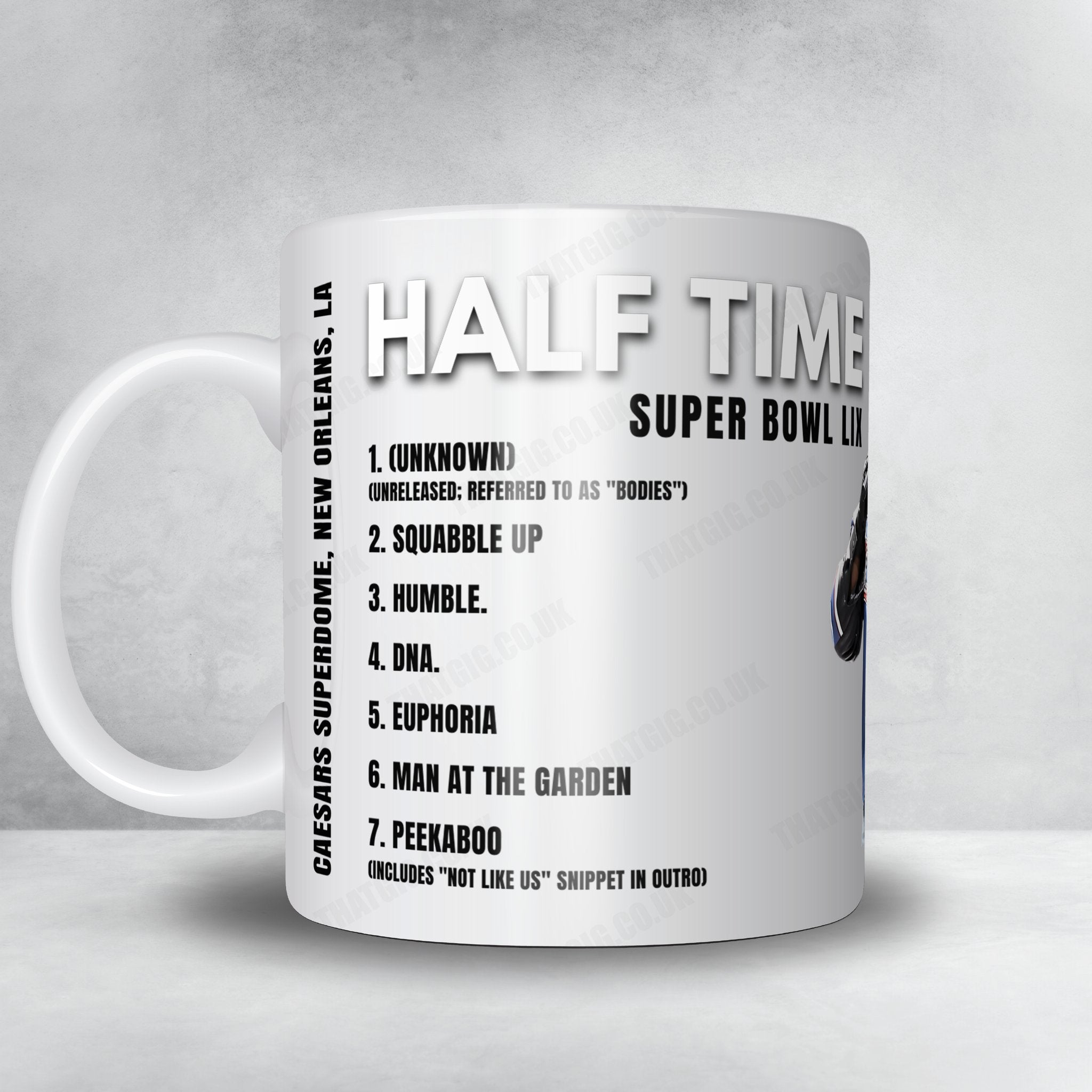 Kendrick Lamar Setlist Mug -  Halftime Super Bowl LIX, Caesars Superdome, New Orleans - February 9th, 2025