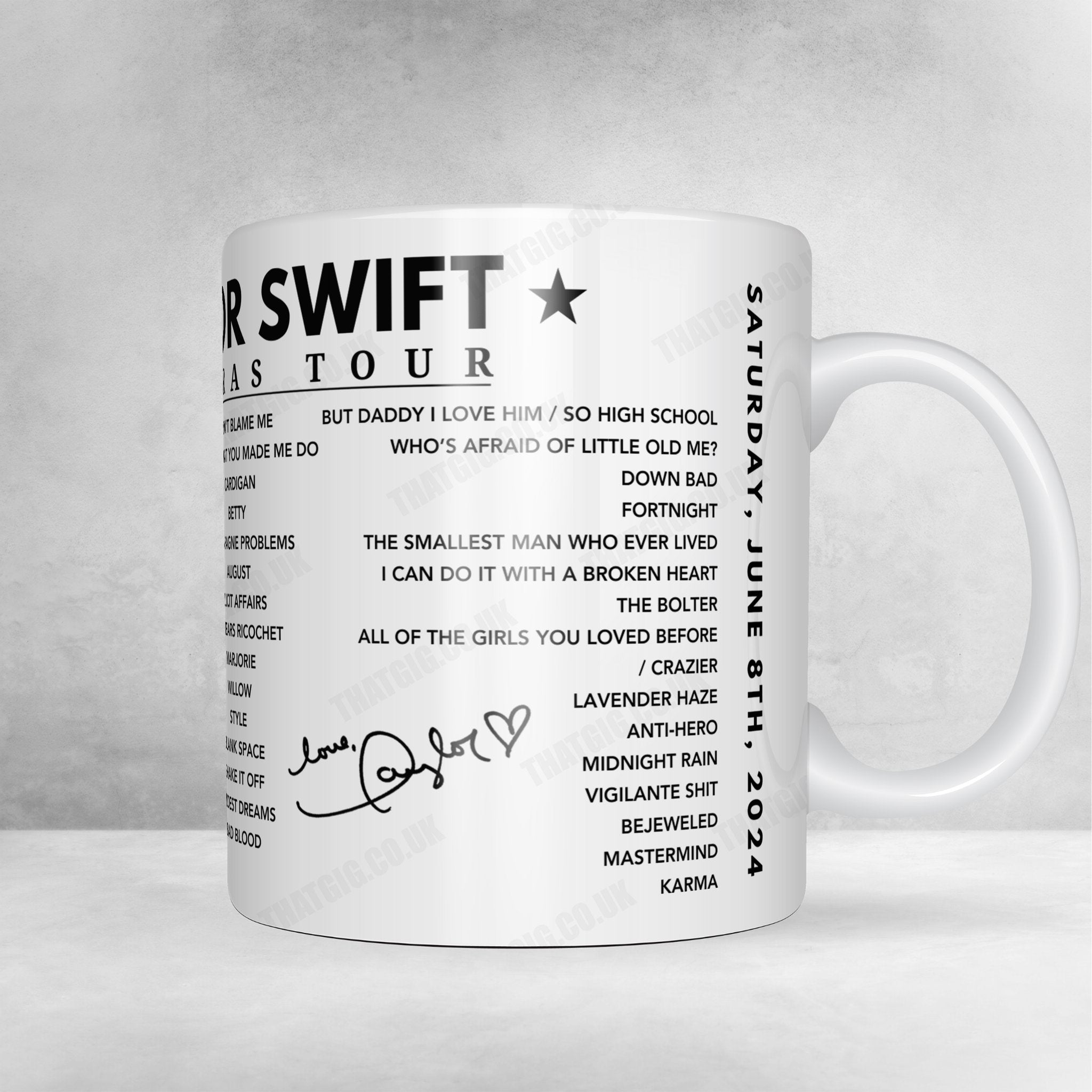 Taylor Swift Setlist Mug - Scottish Gas Murrayfield Stadium, Edinburgh - June 8th, 2024