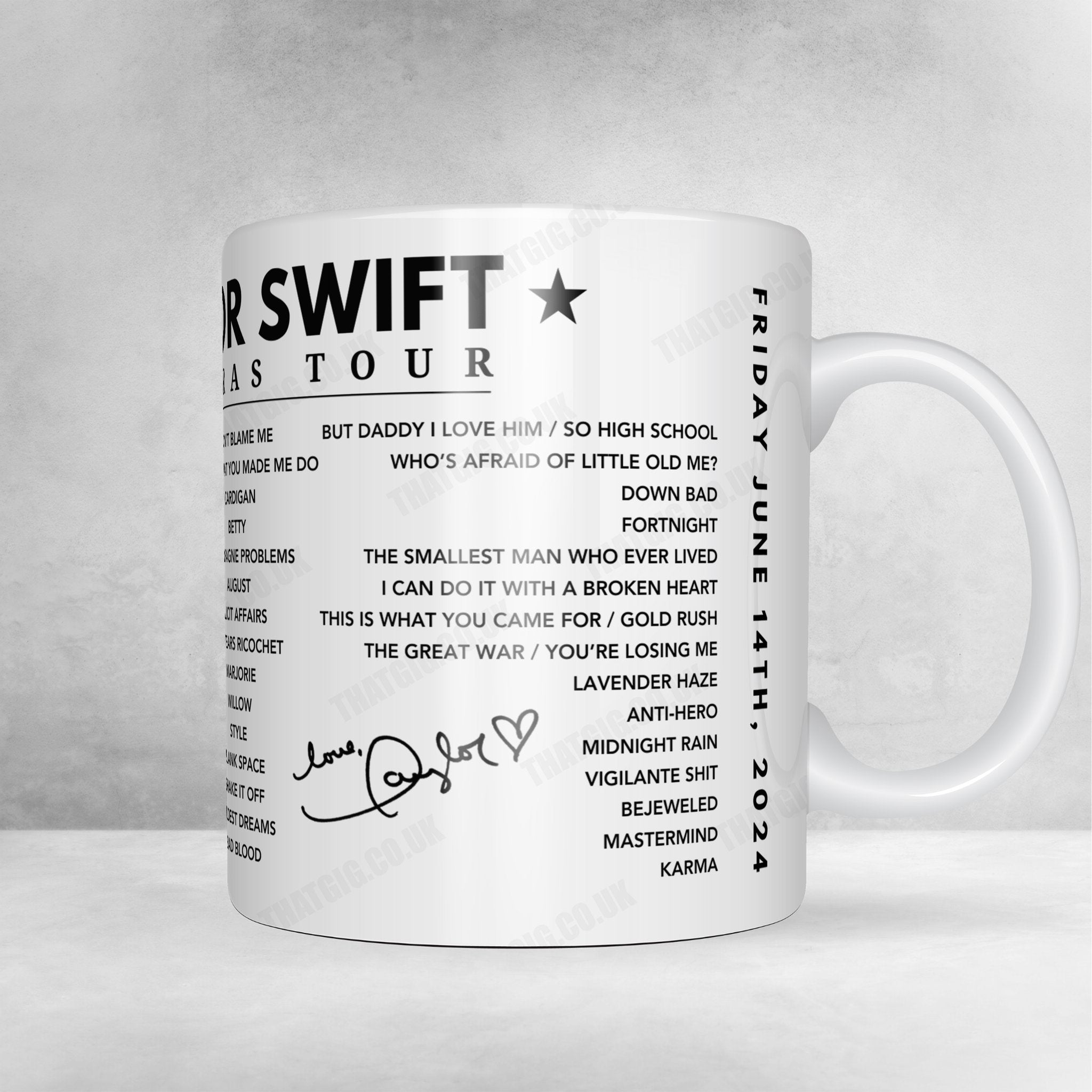 Taylor Swift Setlist Mug - BC Place Stadium, Vancouver, BC, Canada - December 8th, 2024