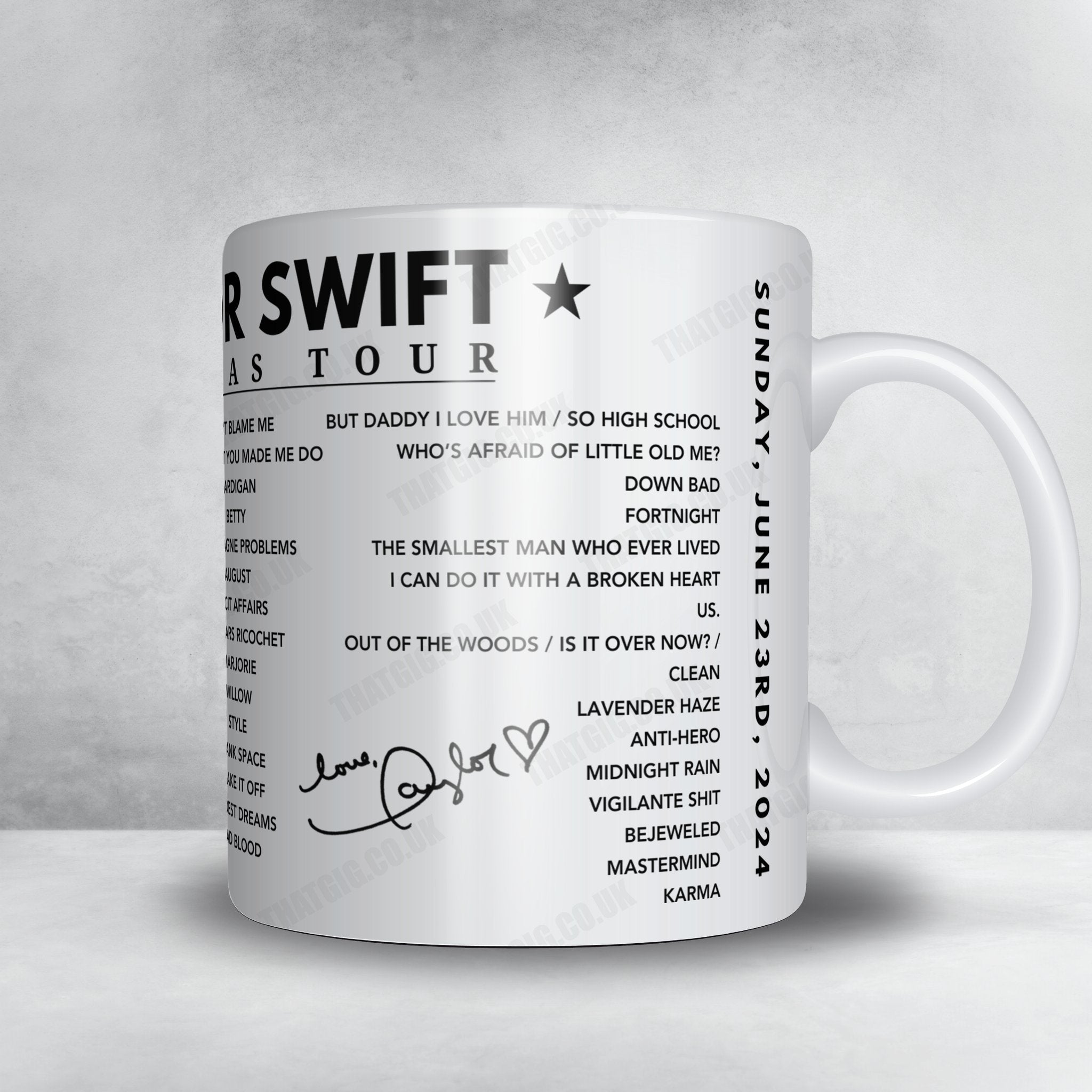 Taylor Swift Setlist Mug - Wembley Stadium, London on June 23rd 2024.