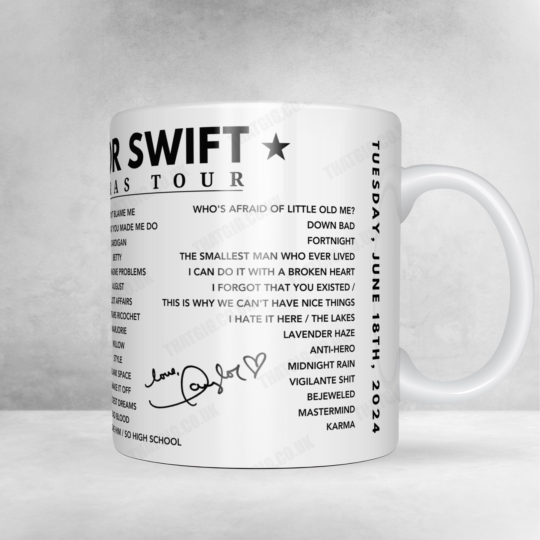 Taylor Swift Setlist Mug - Principality Stadium, Cardiff, Wales - June 18th, 2024