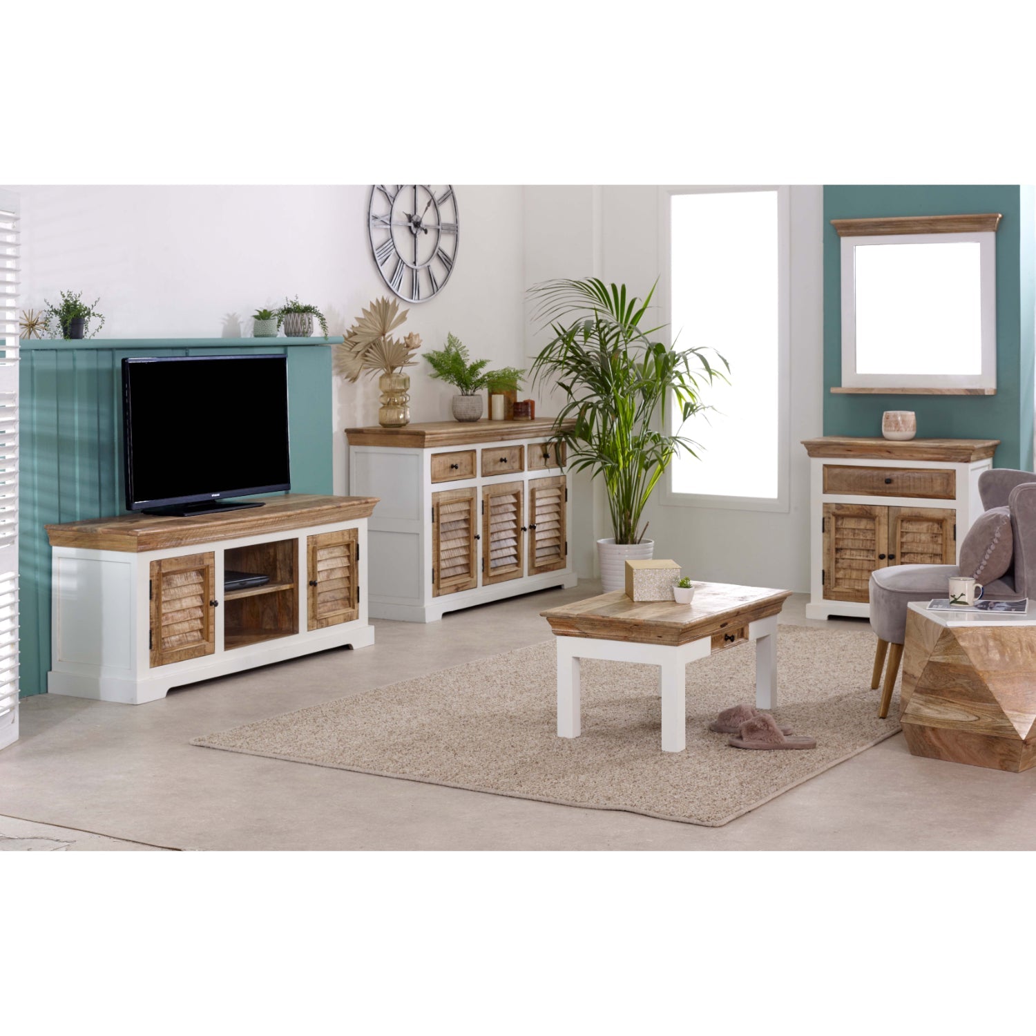 Bianco Solid Mango Wood White Coffee Table With Drawer