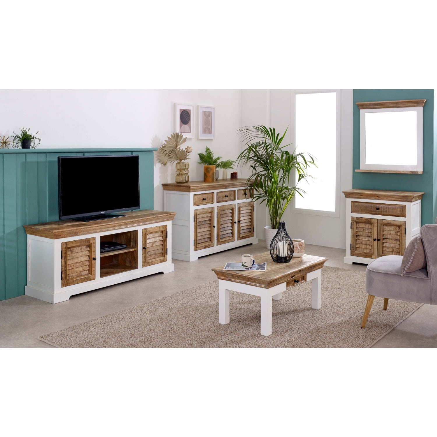 Bianco Solid Mango Wood White Coffee Table With Drawer