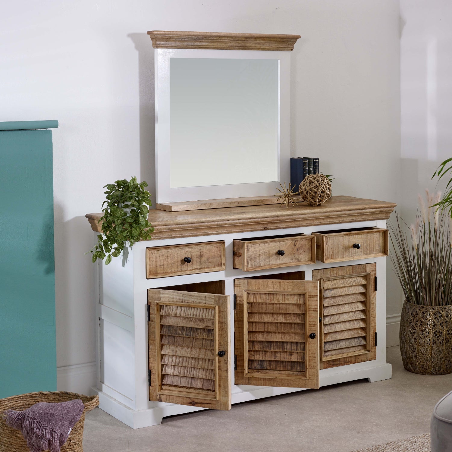 Bianco Solid Mango Wood Large Sideboard 3 Doors & 3 Drawers  White