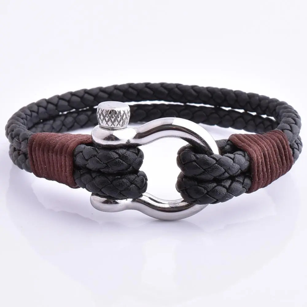 Men's Black Braided Leather Stainless Steel Screw Shackle Bracelet
