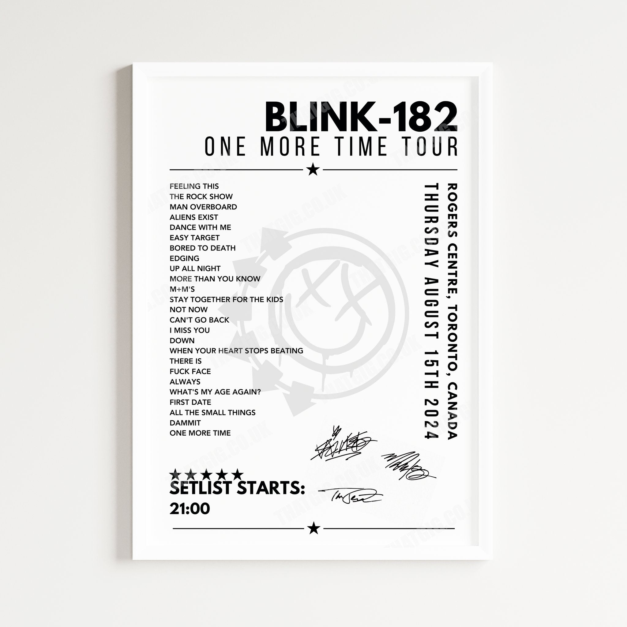 Blink-182 Setlist Poster - Rogers Centre, Toronto - August 15th, 2024