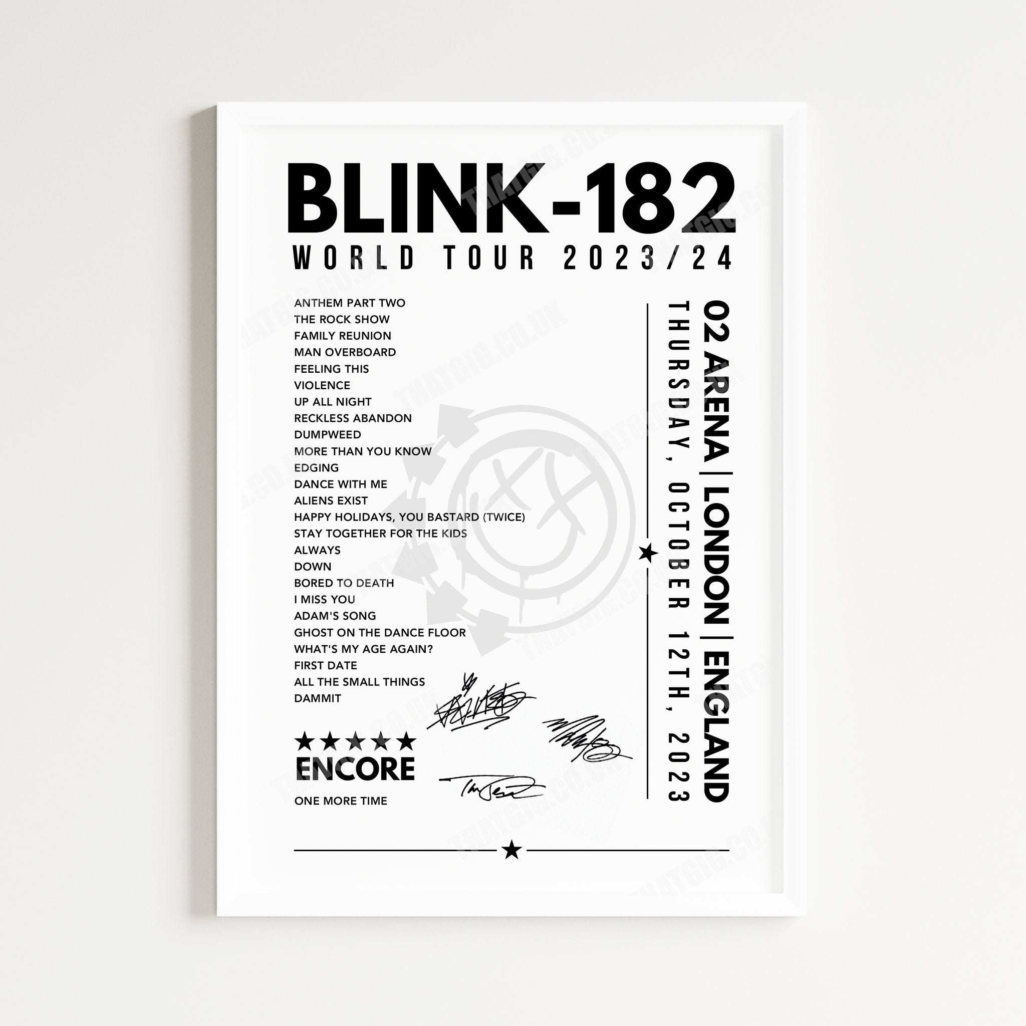 Blink-182 Setlist Poster - The O2 Arena, London - October 12th, 2023