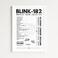 Blink-182 Setlist Poster - The O2 Arena, London - October 12th, 2023