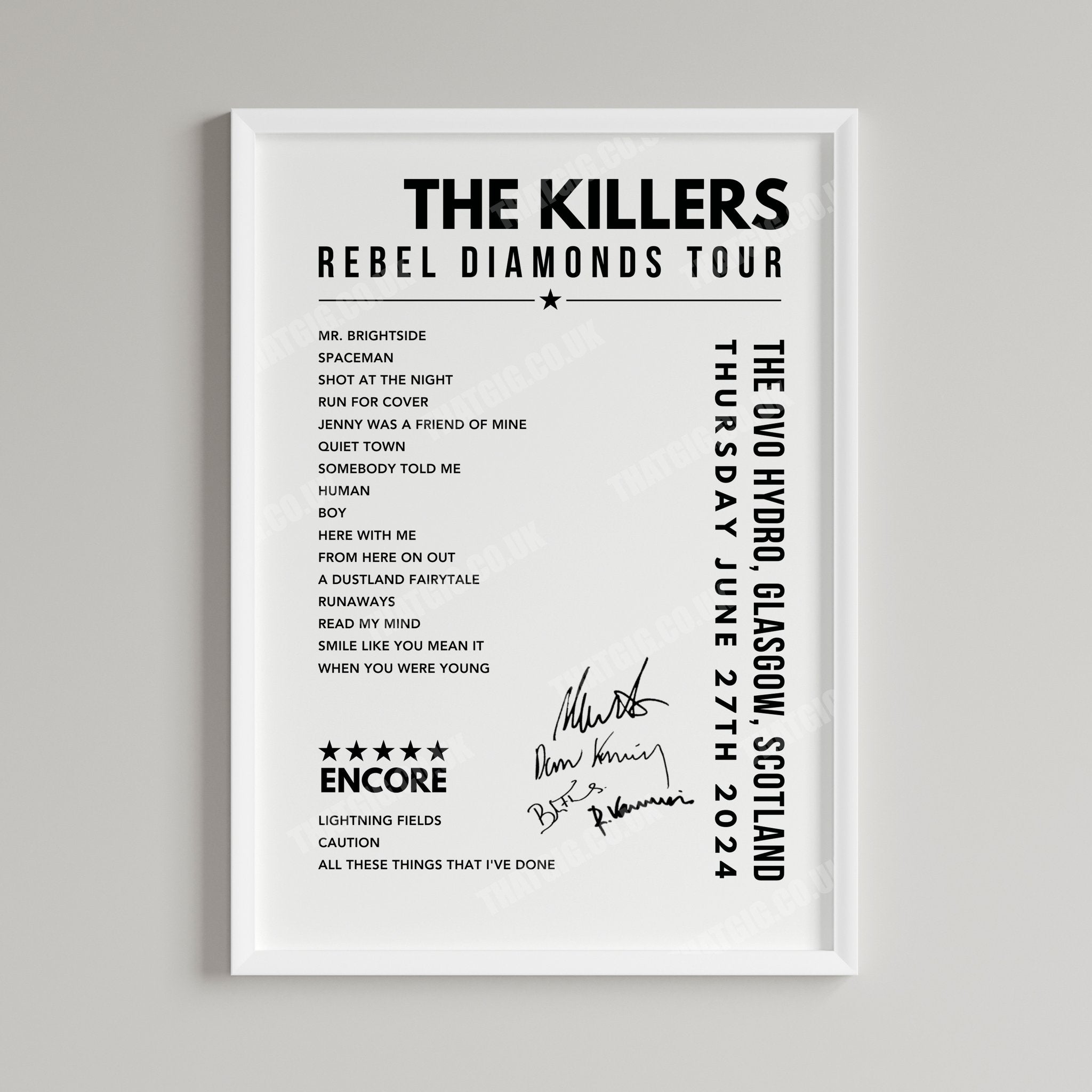 The Killers Setlist Poster - The OVO Hydro, Glasgow - June 27th, 2024