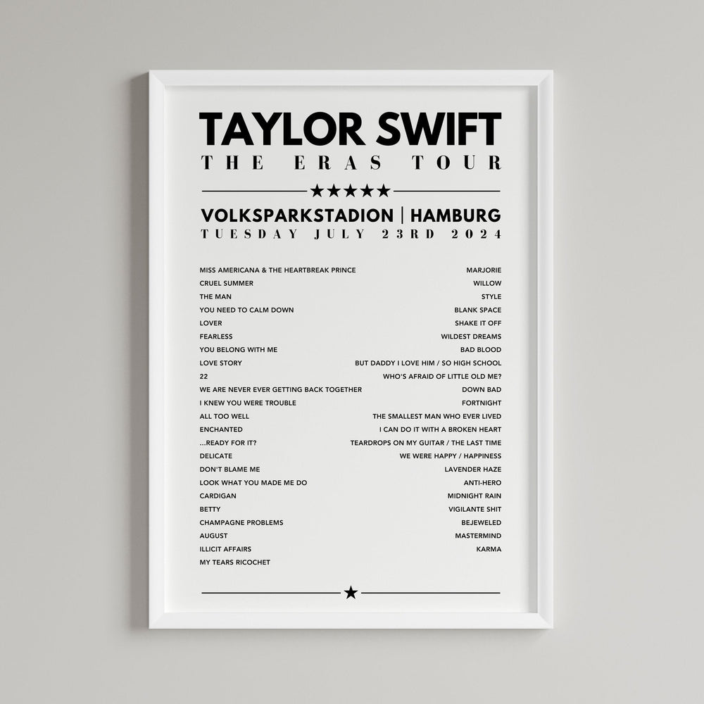 Taylor Swift Setlist Poster - Volksparkstadion, Hamburg, Germany on July 23rd 2024