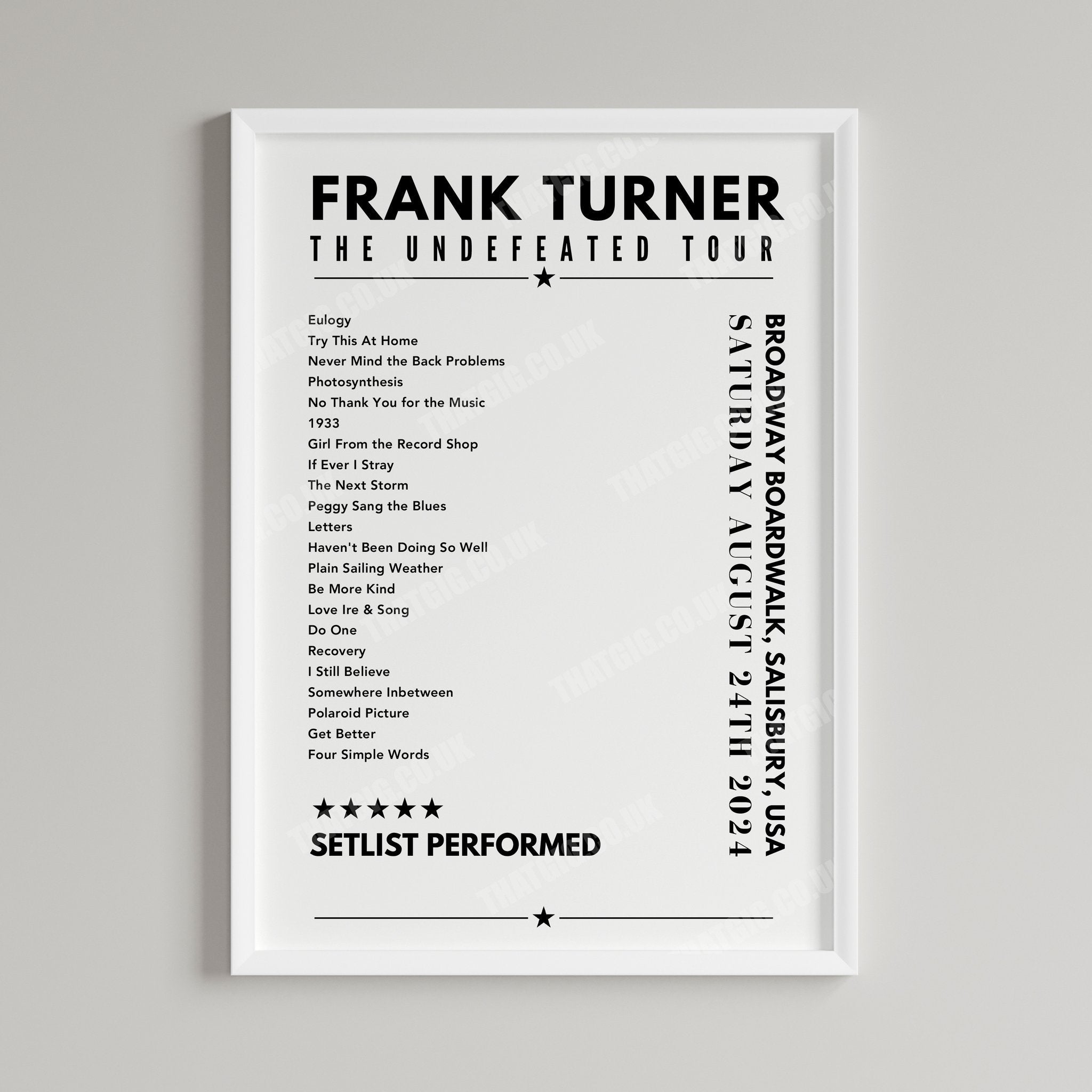 Frank Turner Setlist Poster - Broadway Boardwalk, Salisbury Beach - August 24th, 2024