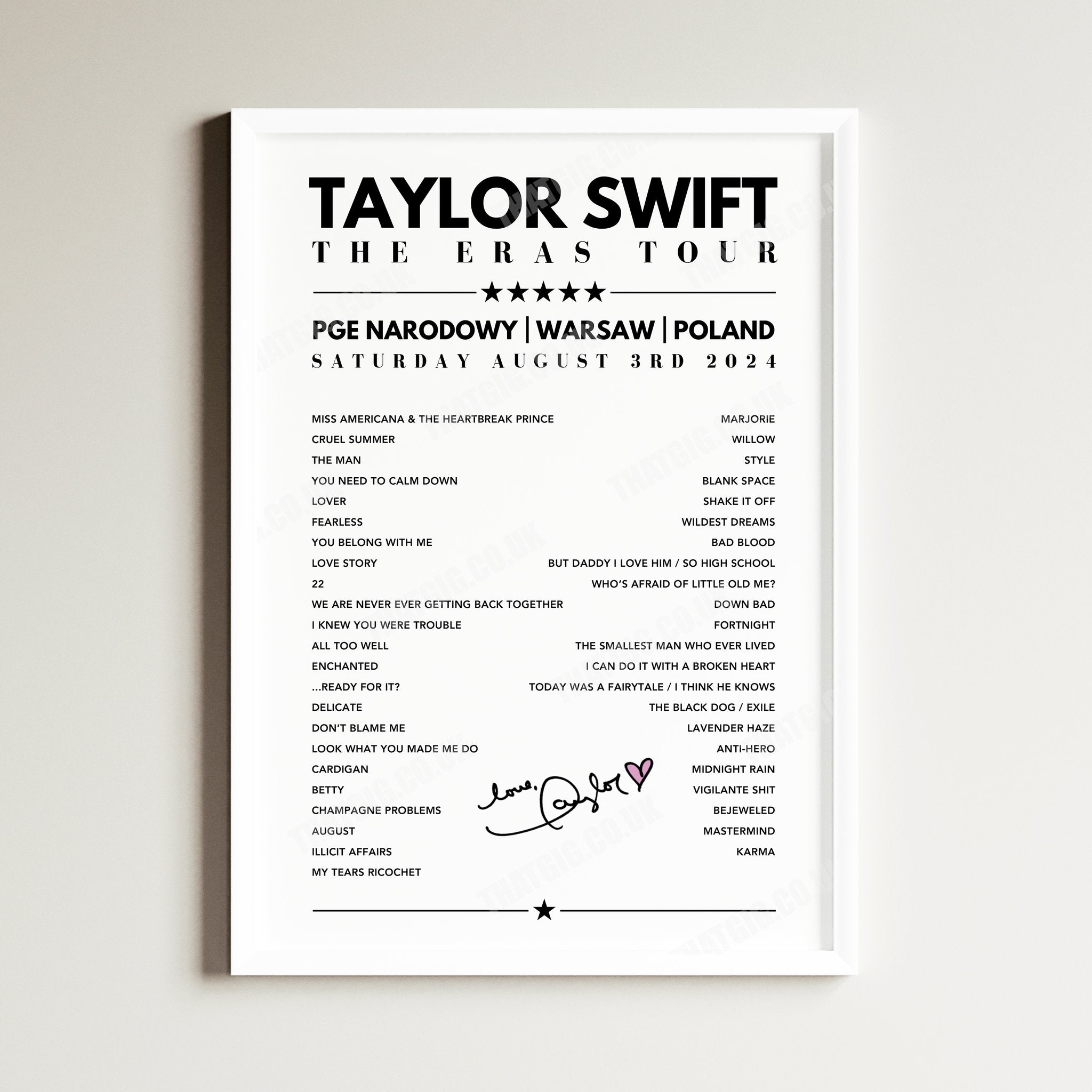 Taylor Swift Setlist Poster - PGE Narodowy, Warsaw - August 3rd, 2024