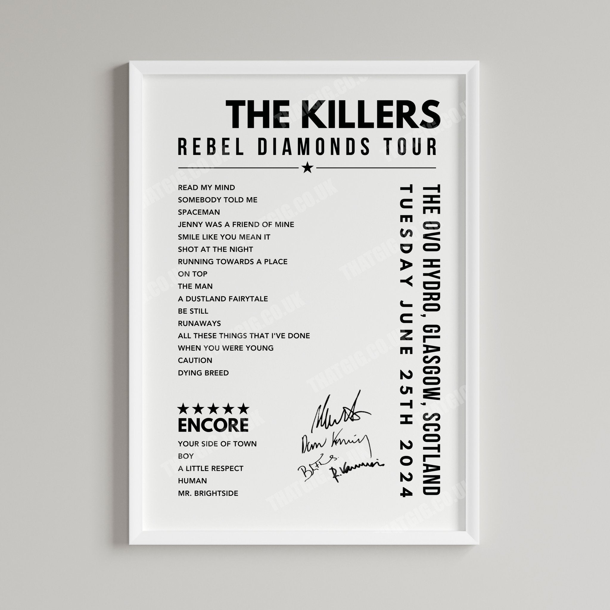 The Killers Setlist Poster - The OVO Hydro, Glasgow - June 25th, 2024
