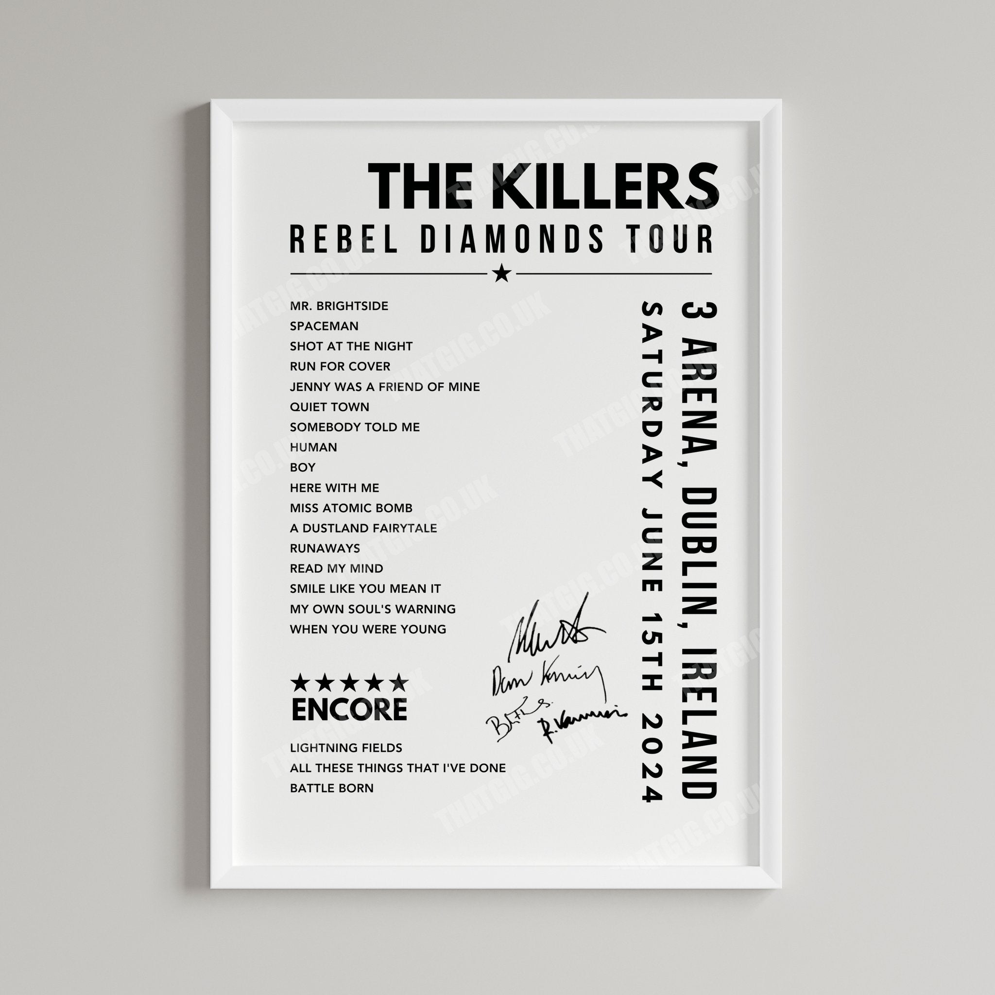 The Killers Setlist Poster - at the 3Arena, Dublin - June 15th, 2024