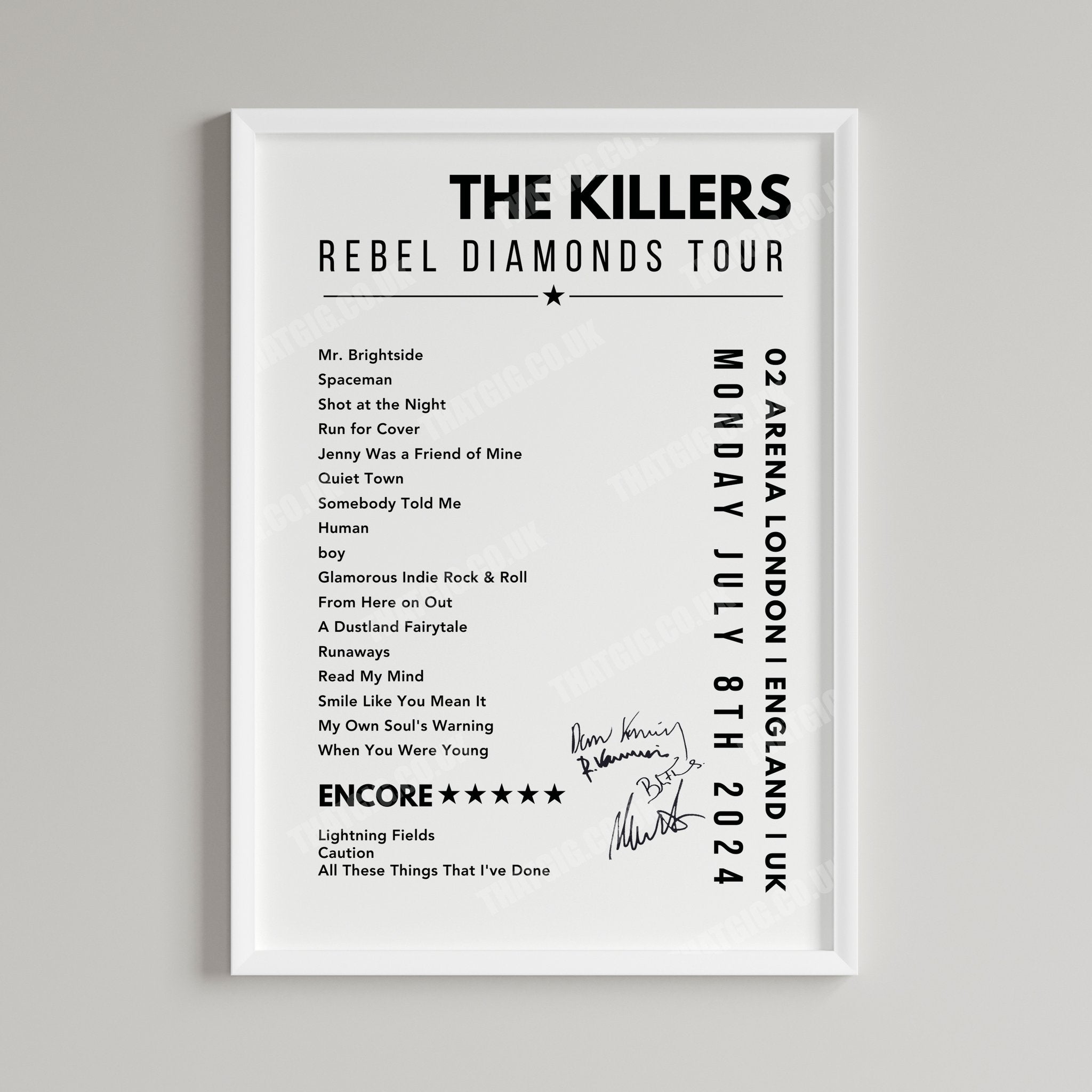 The Killers Setlist Poster - 02 Arena, London, England on July 8th, 2024