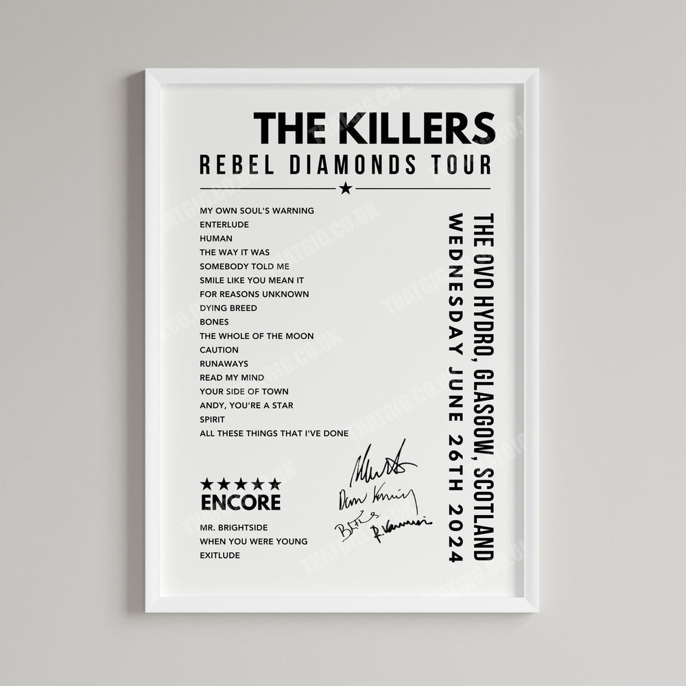 The Killers Setlist Poster - The OVO Hydro, Glasgow - June 26th, 2024
