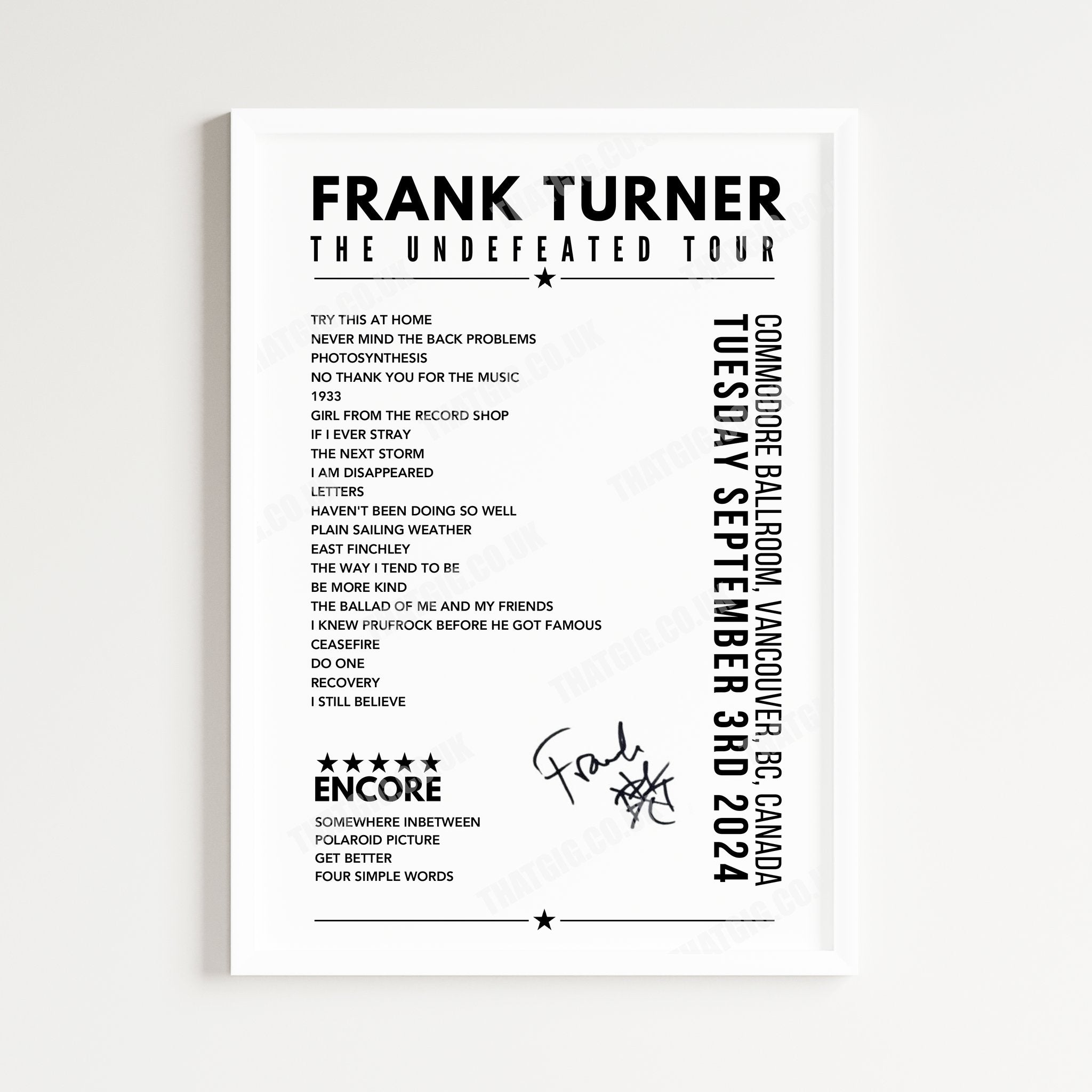 Frank Turner Setlist Poster - Commodore Ballroom, Vancouver - September 3rd, 2024