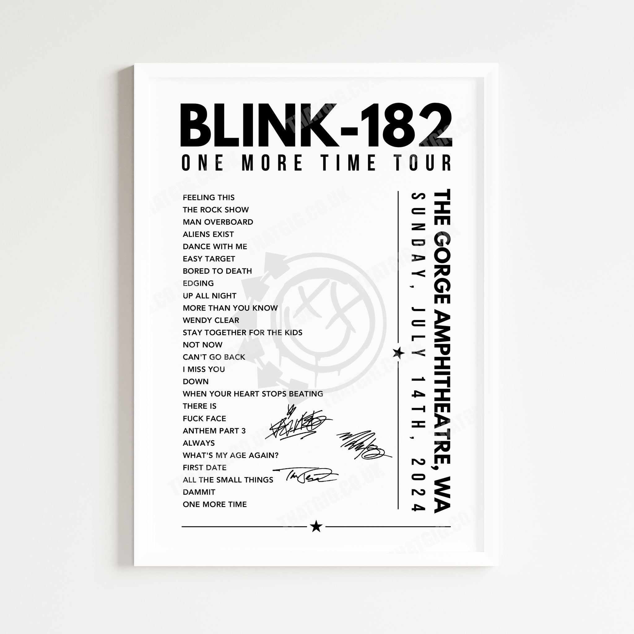 Blink-182 Setlist Poster - The Gorge Amphitheatre, George, USA - July 14th, 2024