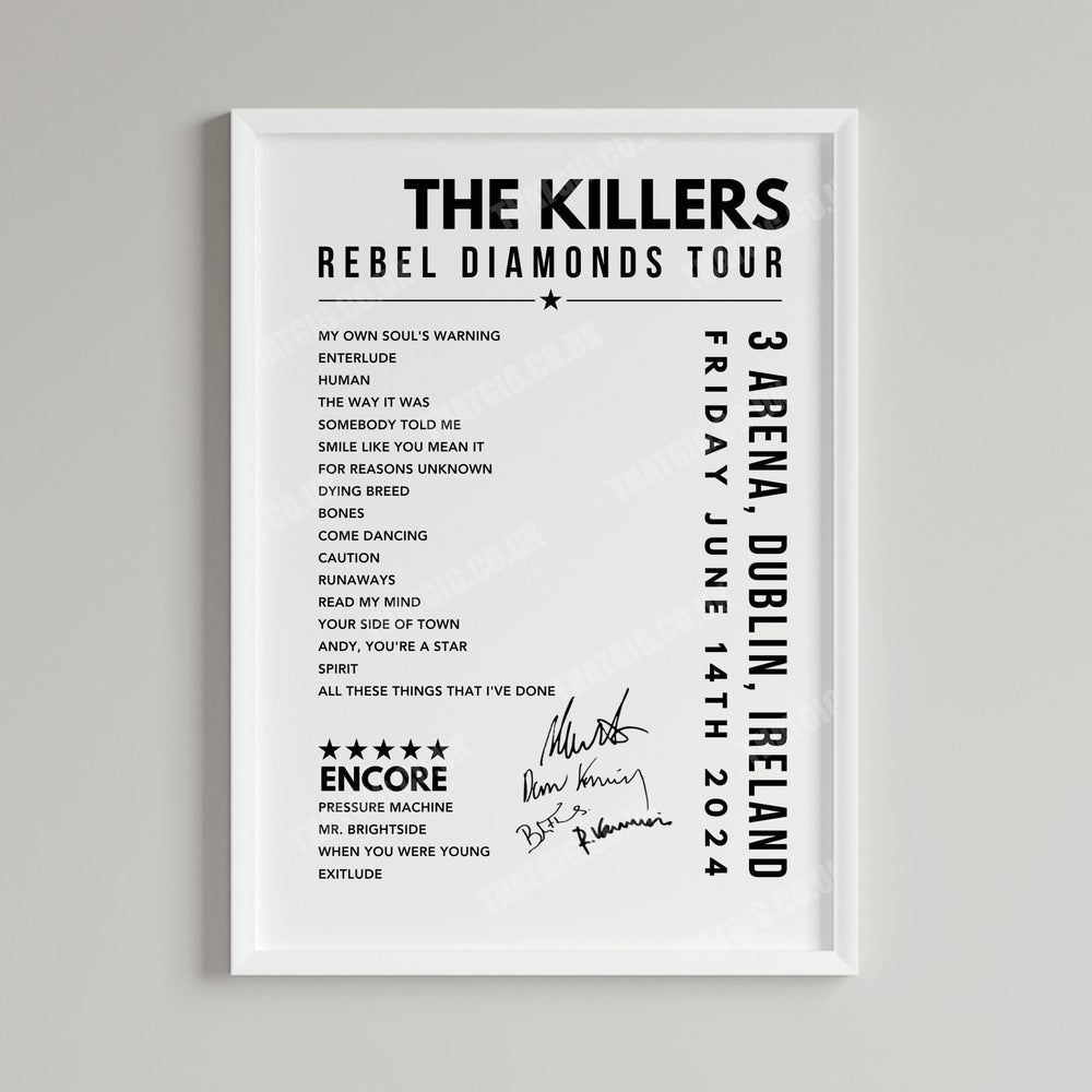 The Killers Setlist Poster - at the 3Arena, Dublin - June 14th, 2024