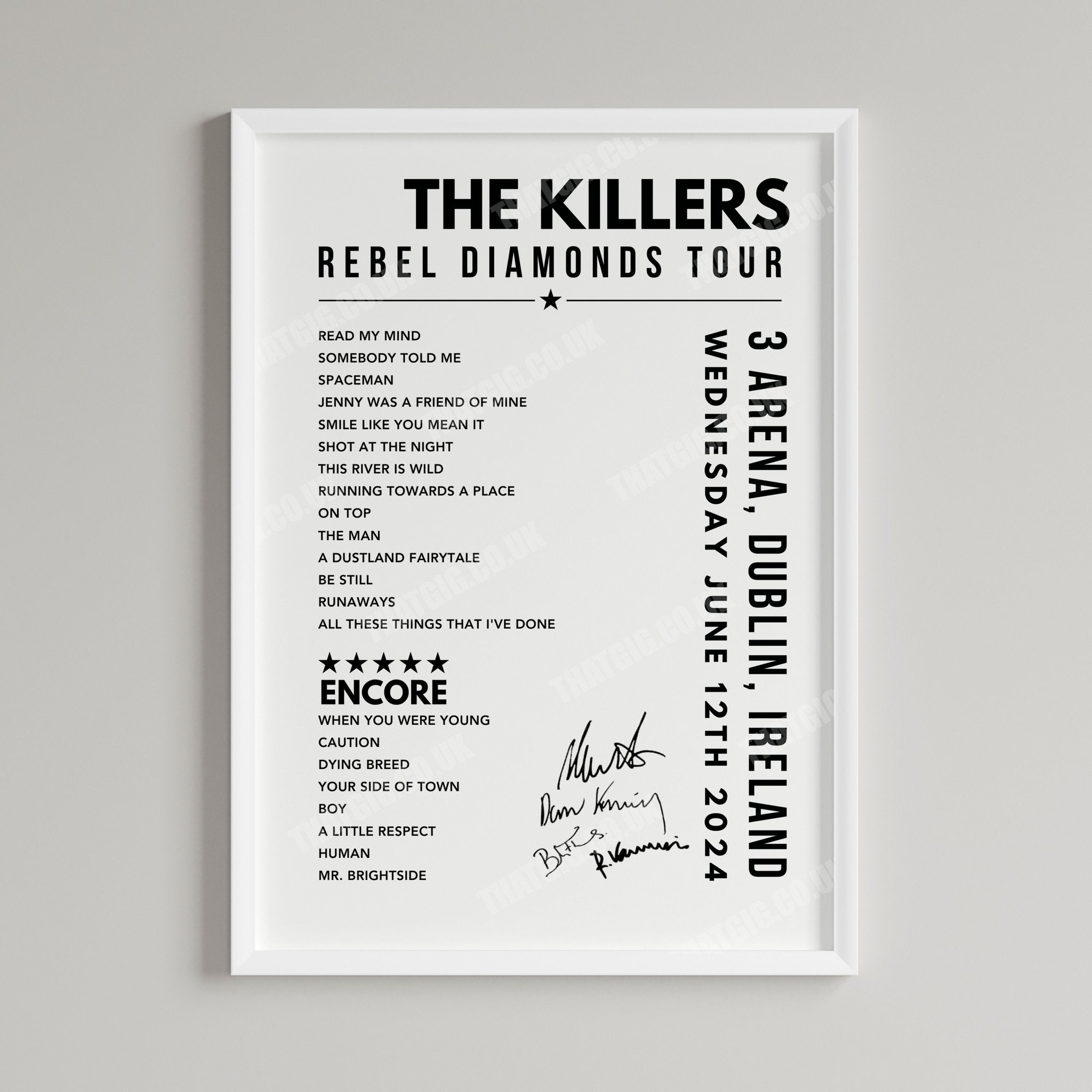 The Killers Setlist Poster - at the 3Arena, Dublin - June 12th, 2024