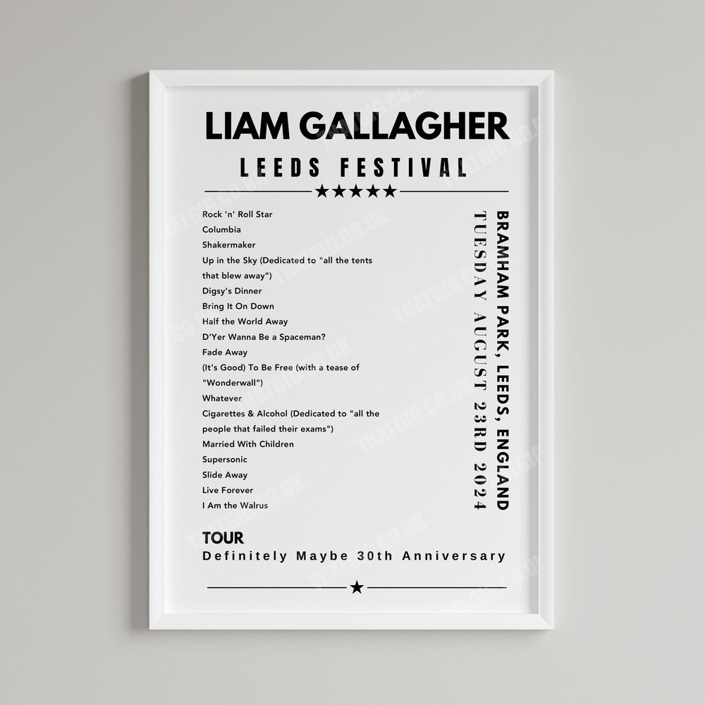 Liam Gallagher Setlist Poster - Leeds Festival - August 23rd, 2024