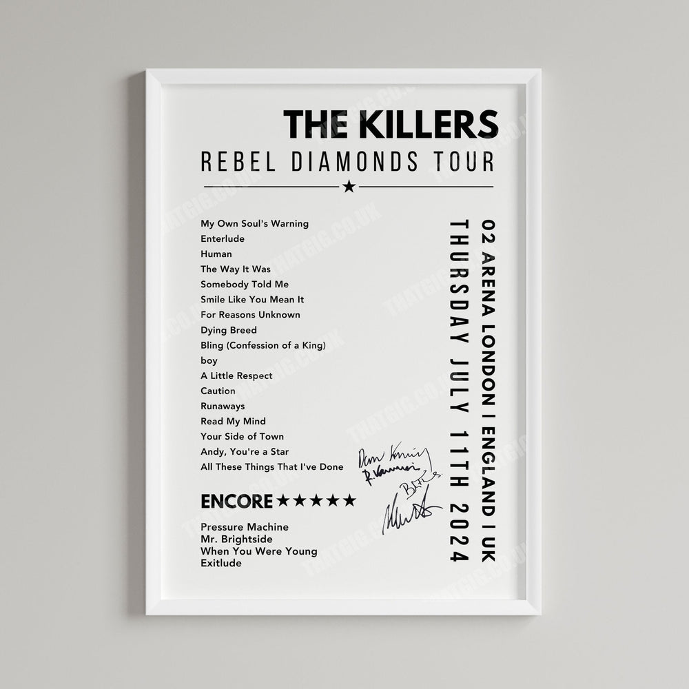 The Killers Setlist Poster - 02 Arena, London, England on July 11th, 2024