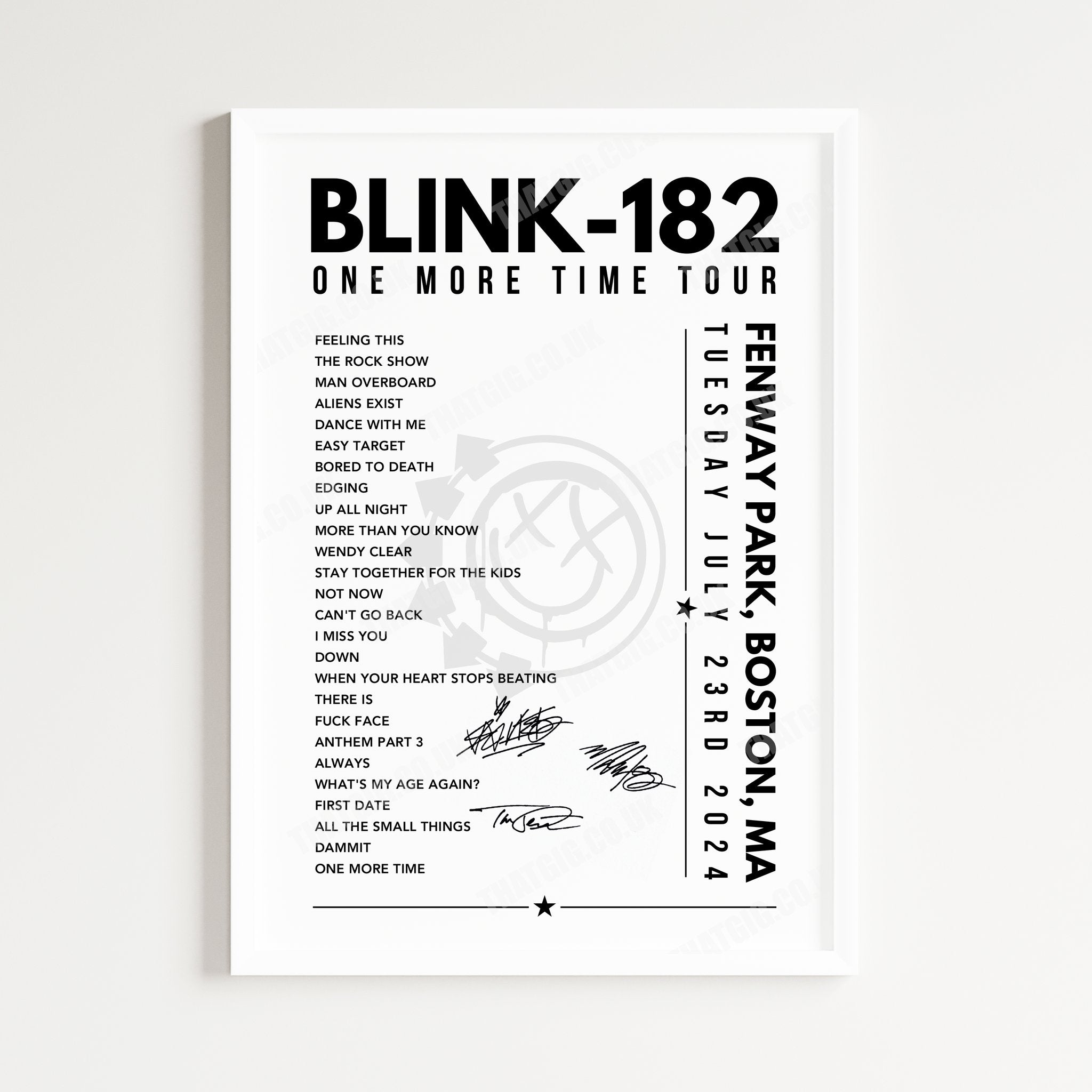 Blink-182 Setlist Poster - Fenway Park, Boston, USA - July 23rd, 2024