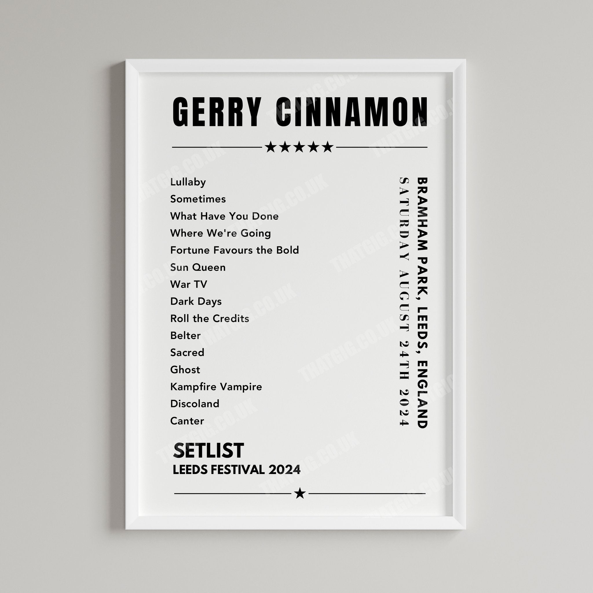 Gerry Cinnamon Setlist Poster - Bramham Park, Leeds Festival - August 24th 2024