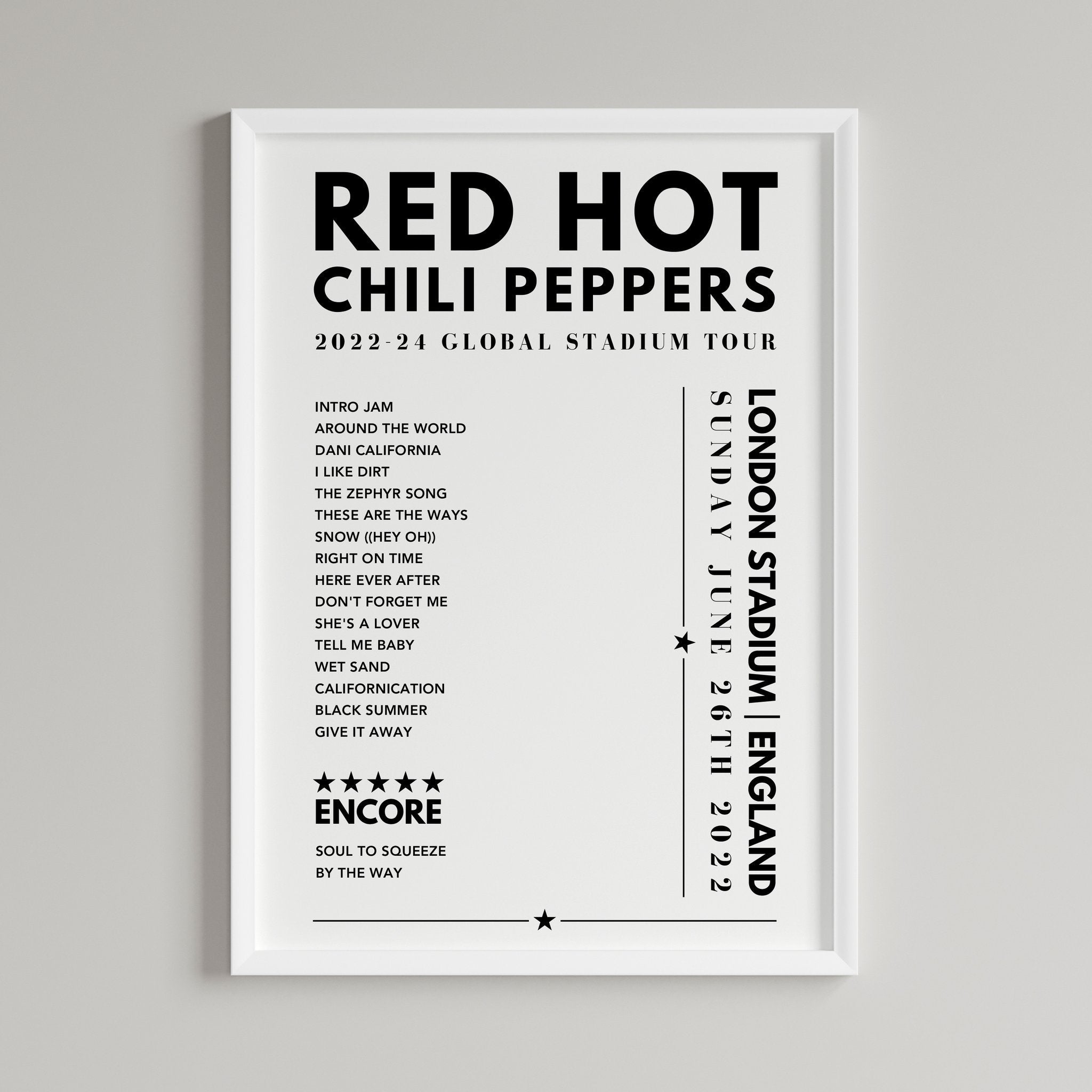 Red Hot Chili Peppers Setlist Poster - at London Stadium - June 26th, 2022
