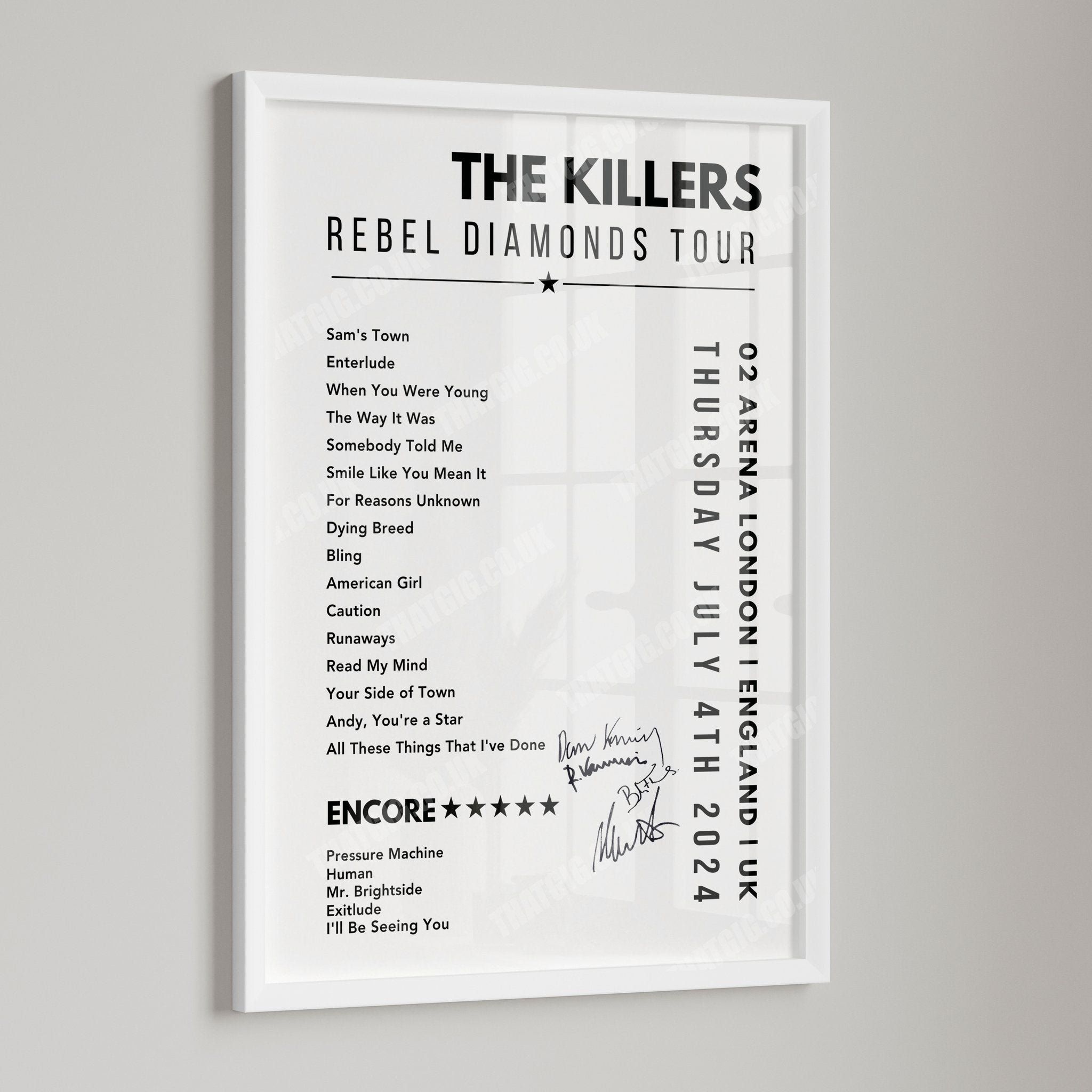 The Killers Setlist Poster - 02 Arena, London, England on July 4th, 2024