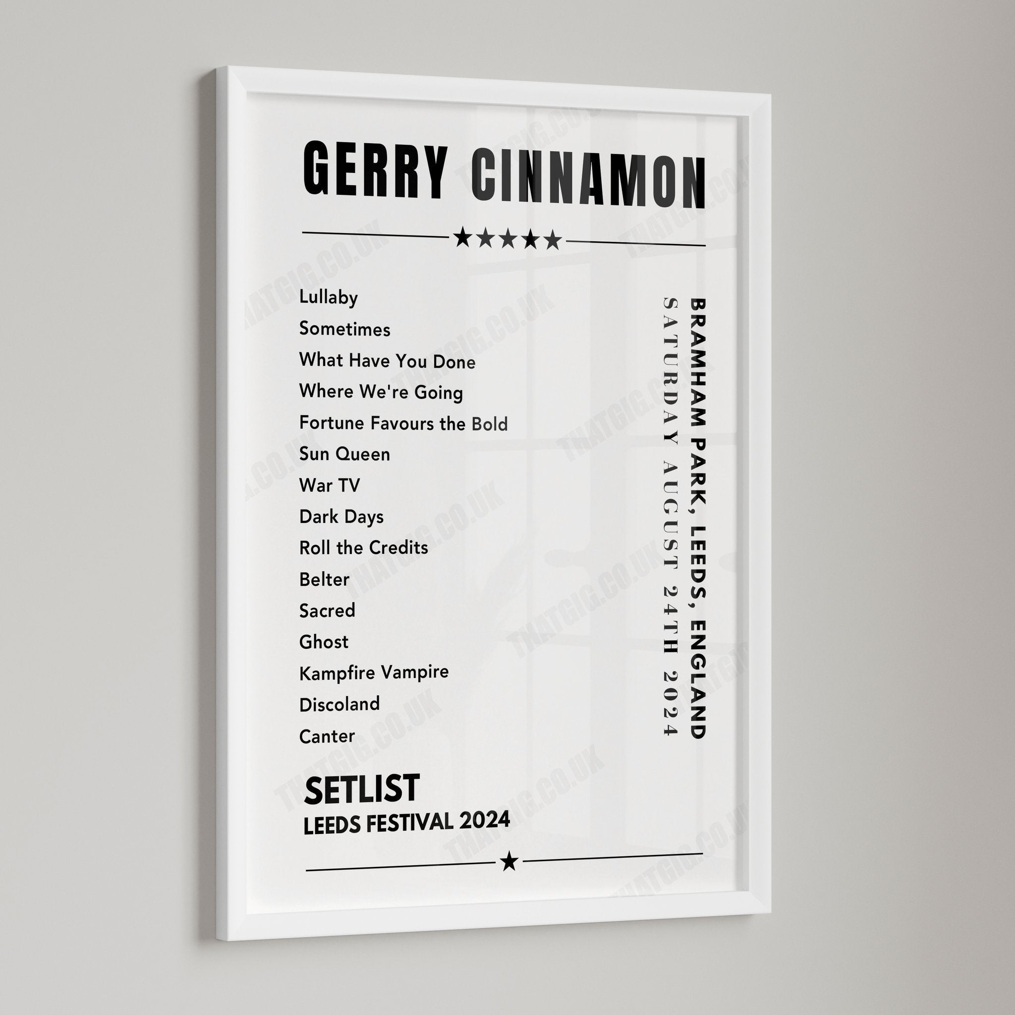 Gerry Cinnamon Setlist Poster - Bramham Park, Leeds Festival - August 24th 2024