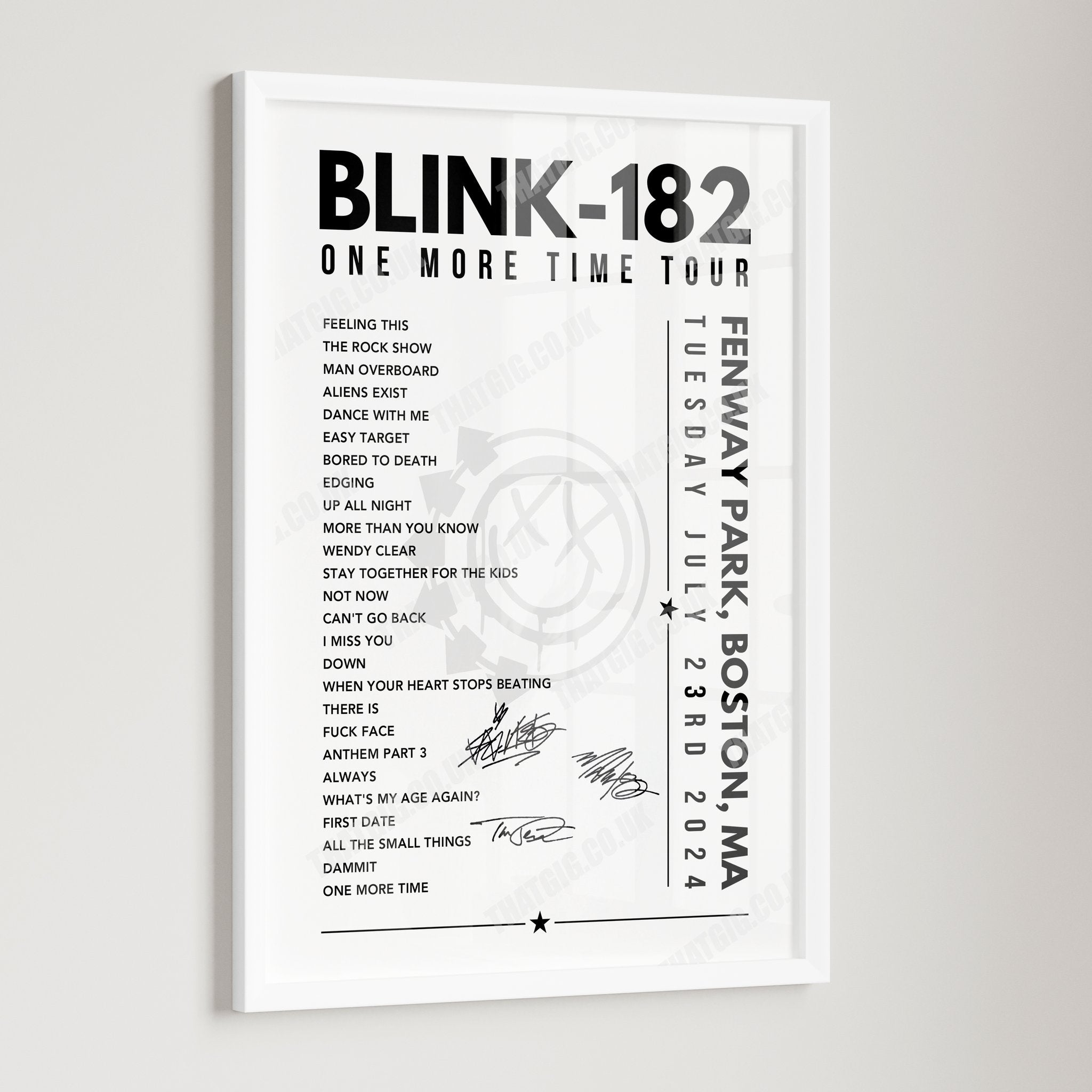 Blink-182 Setlist Poster - Fenway Park, Boston, USA - July 23rd, 2024