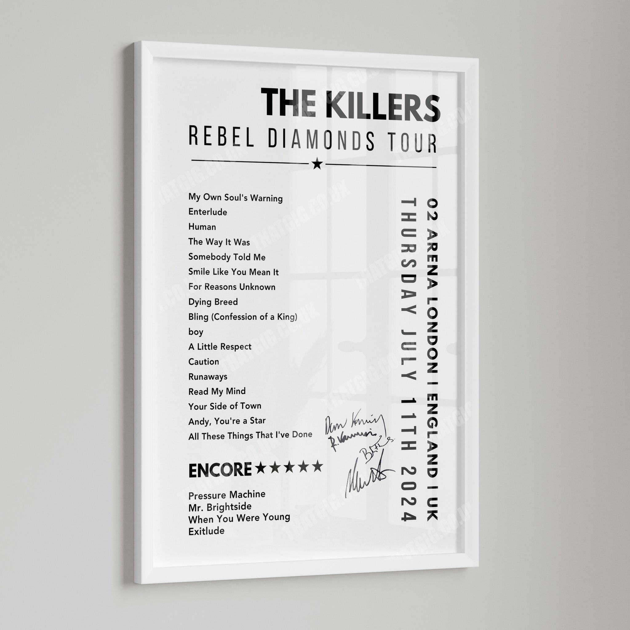 The Killers Setlist Poster - 02 Arena, London, England on July 11th, 2024