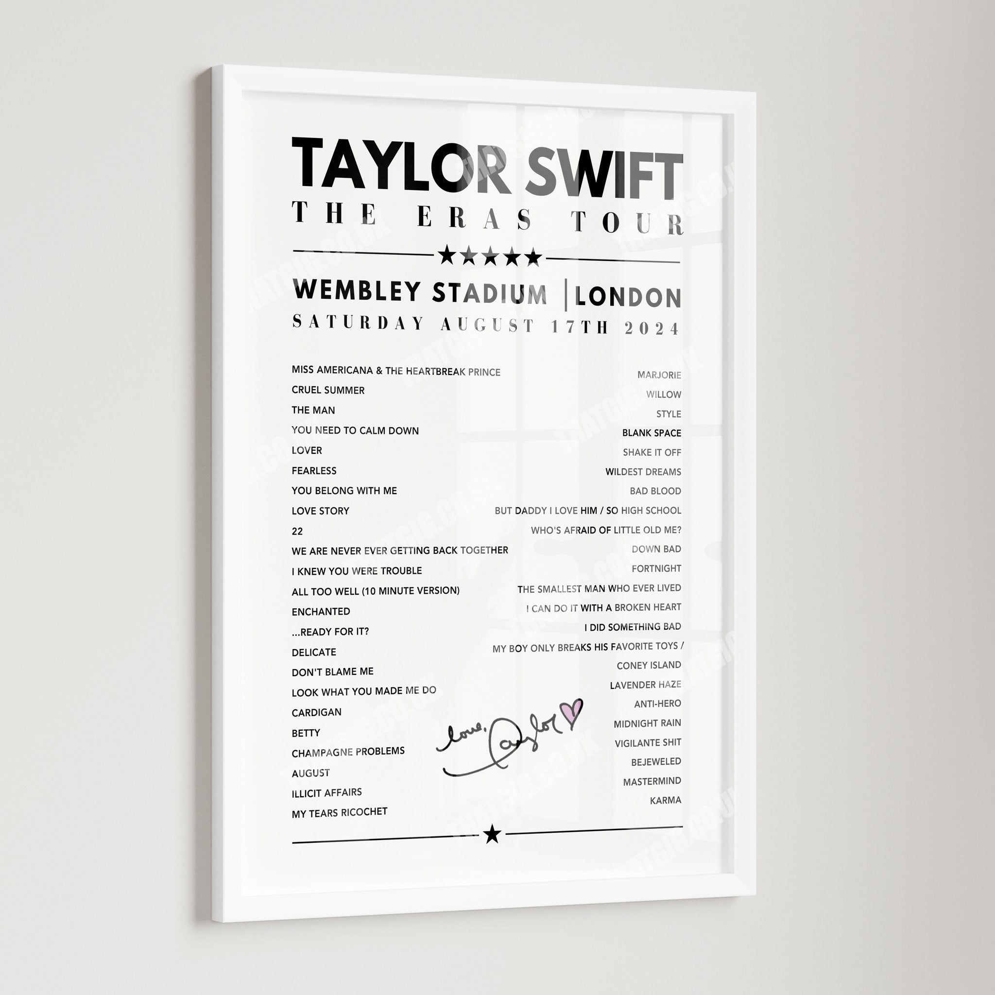Taylor Swift Setlist Poster - Wembley, London - August 17th 2024