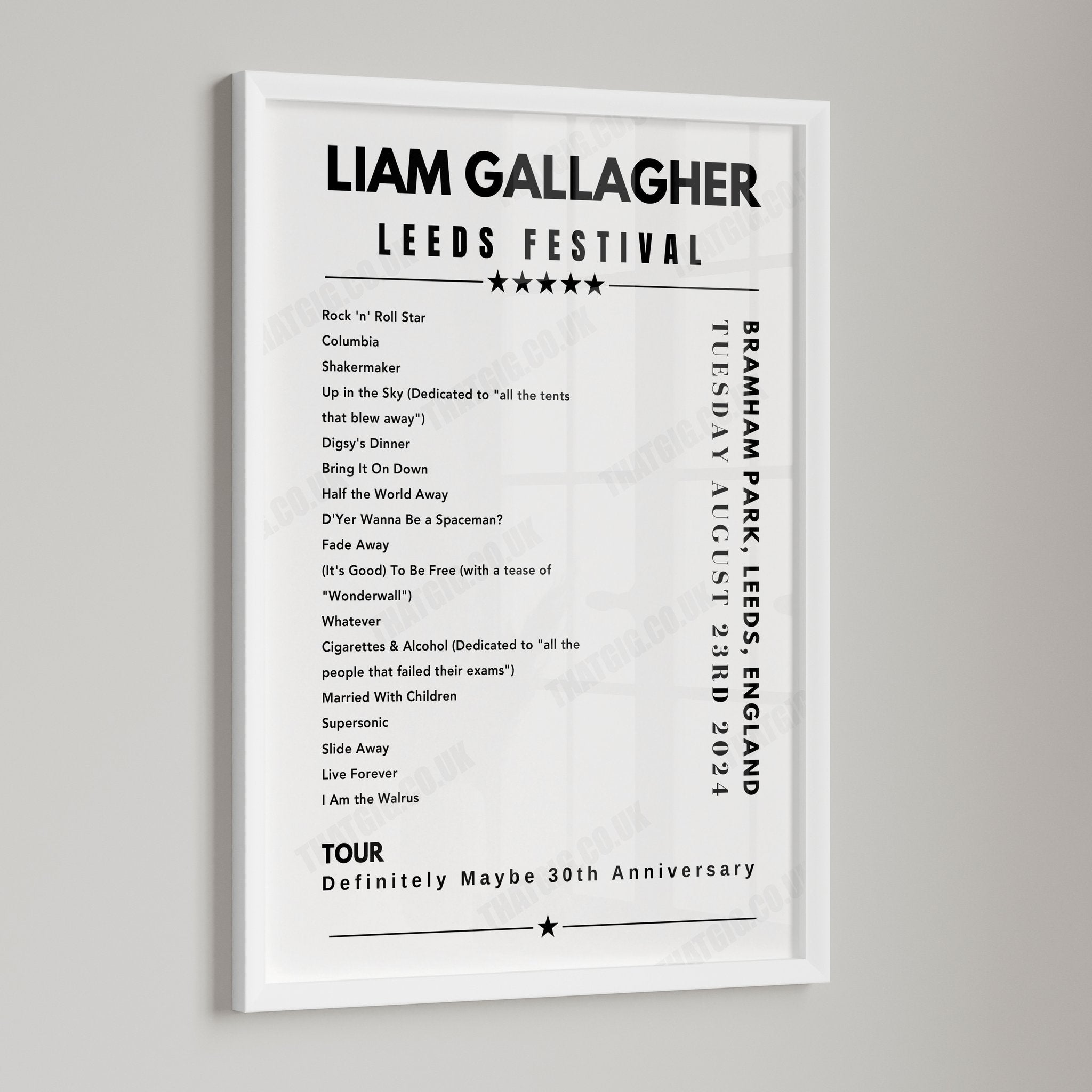 Liam Gallagher Setlist Poster - Leeds Festival - August 23rd, 2024