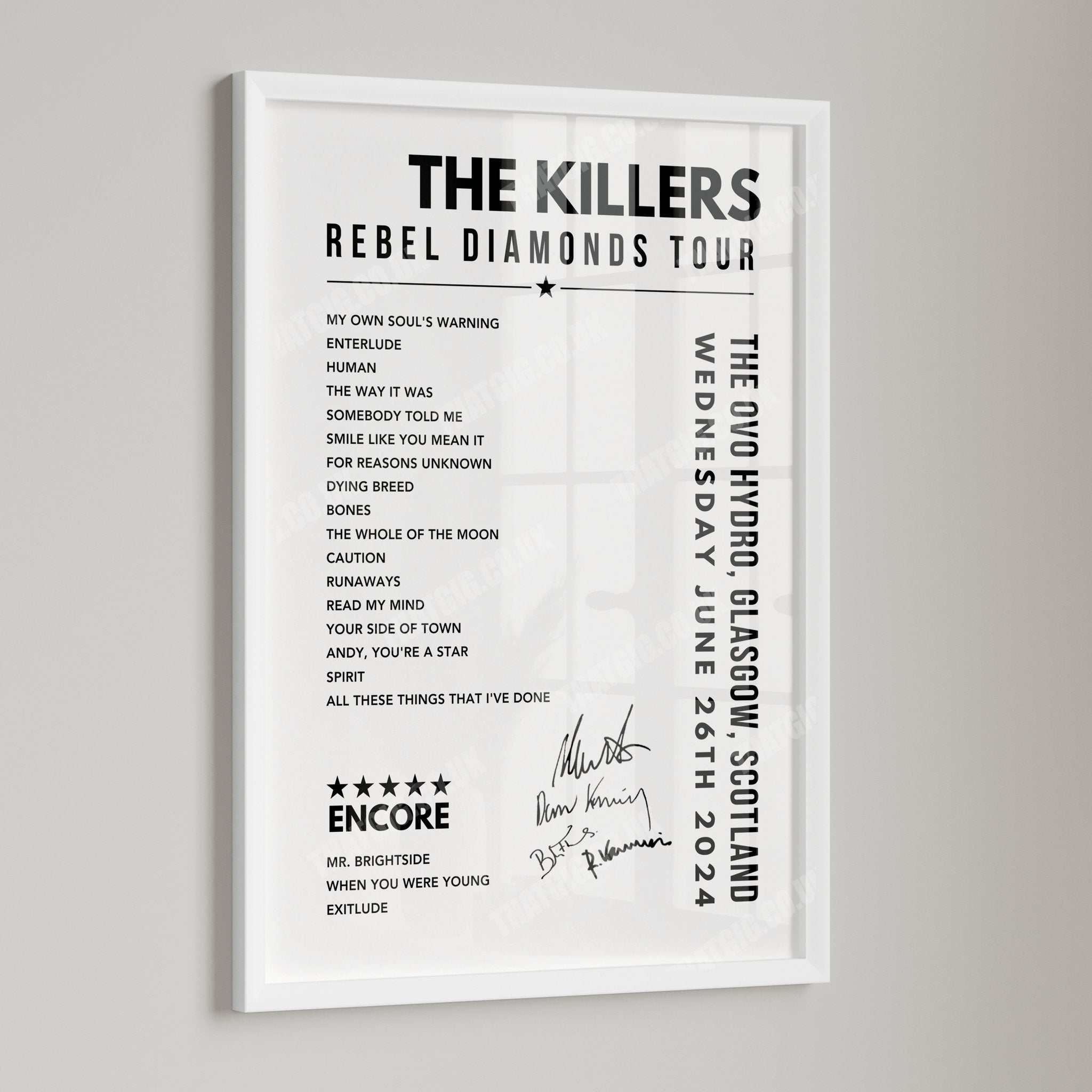 The Killers Setlist Poster - The OVO Hydro, Glasgow - June 26th, 2024